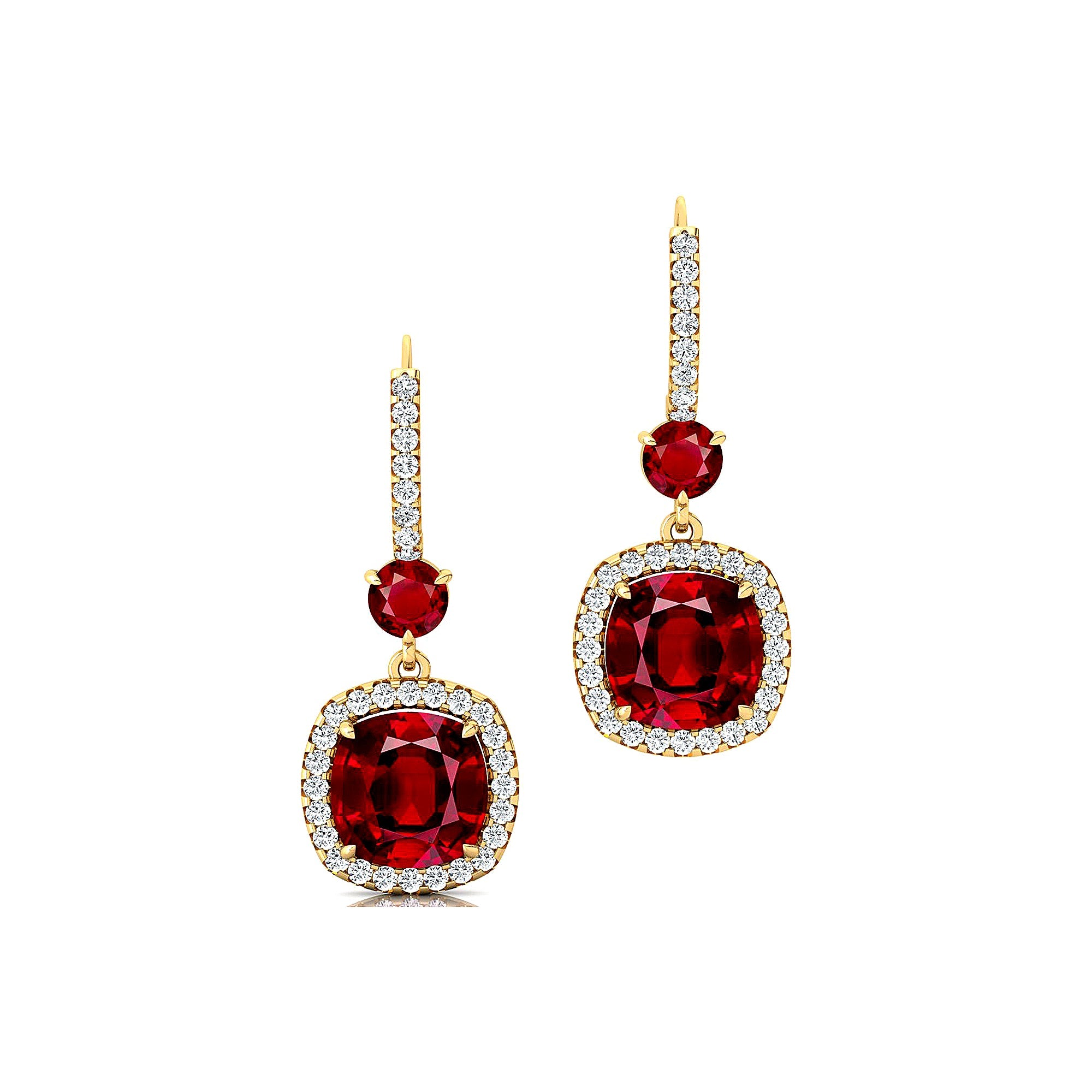 Halo Diamond Cushion Cut Ruby Dangle Earrings - GeumJewels