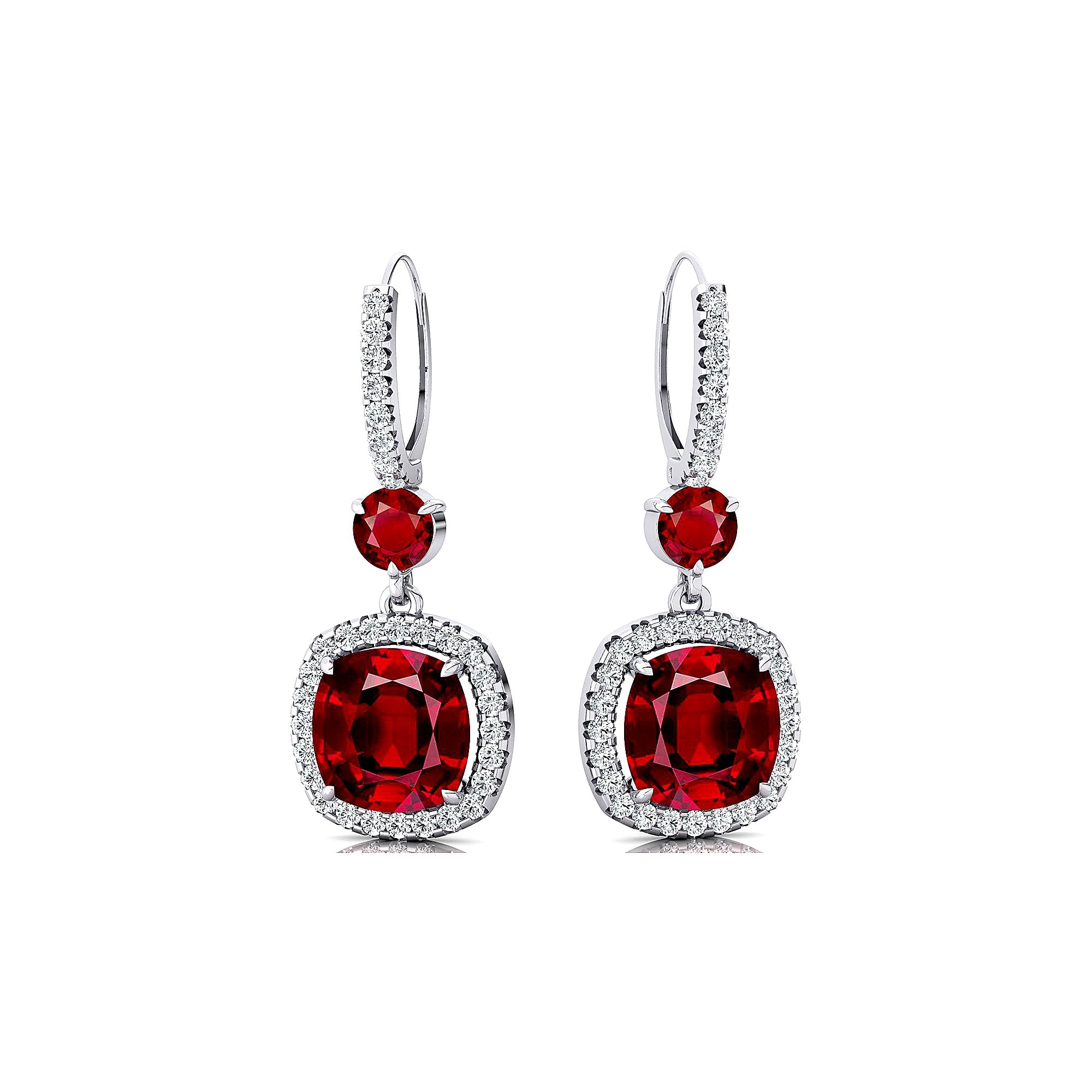 Halo Diamond Cushion Cut Ruby Dangle Earrings - GeumJewels