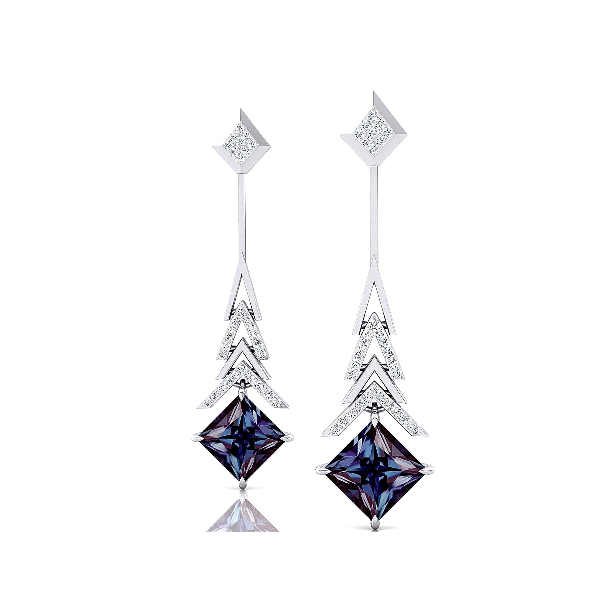 Inverted Princess Cut Alexandrite Drop Earrings with Diamonds - GeumJewels