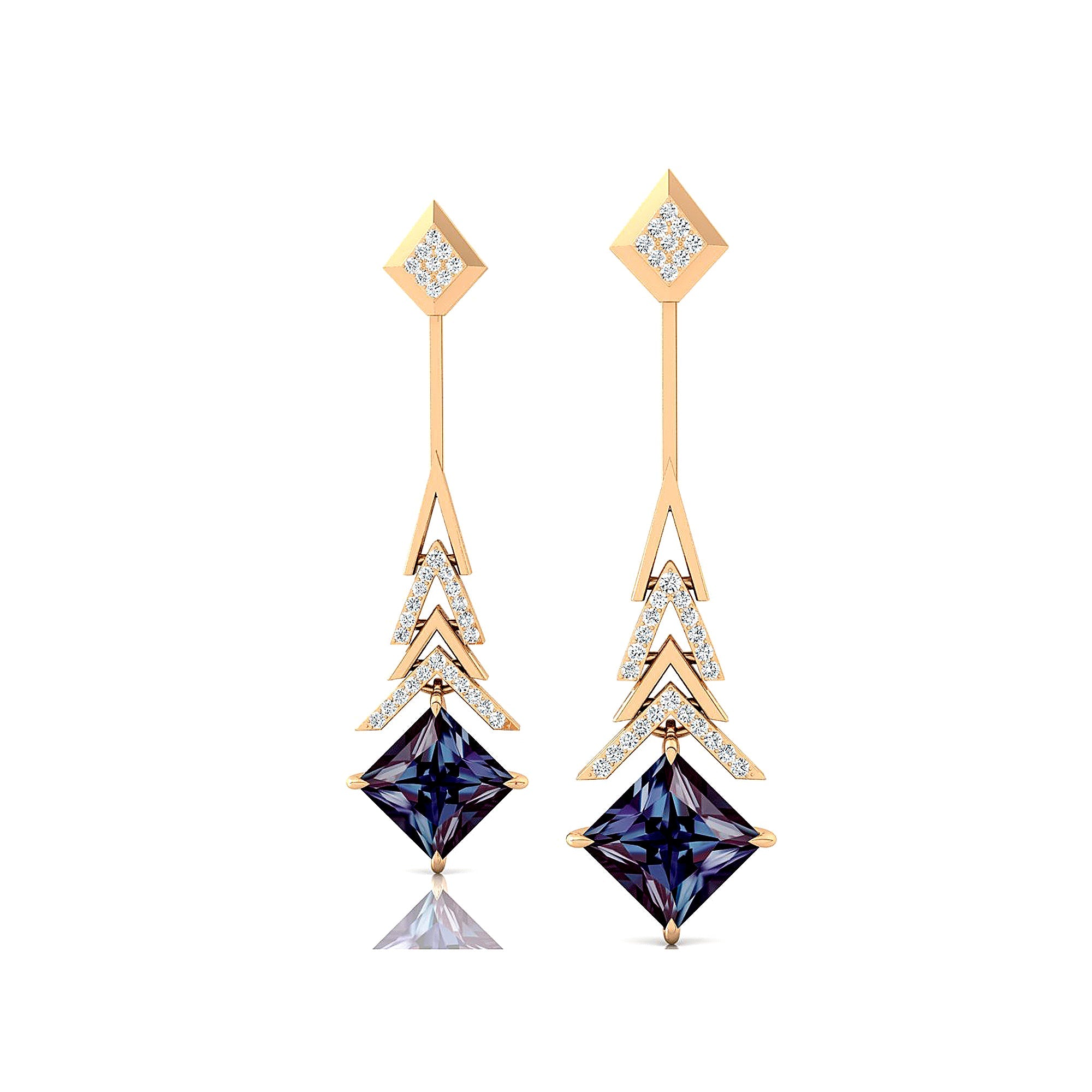 Inverted Princess Cut Alexandrite Drop Earrings with Diamonds - GeumJewels