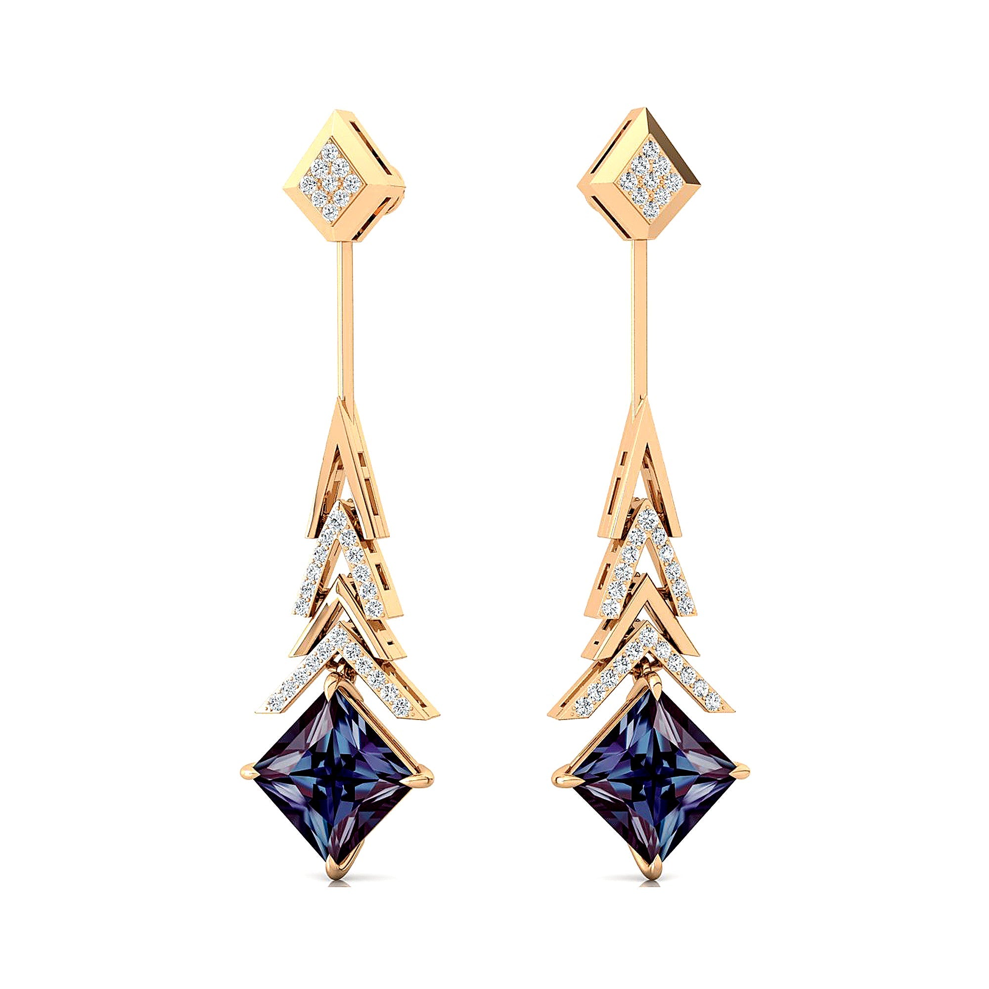 Inverted Princess Cut Alexandrite Drop Earrings with Diamonds - GeumJewels