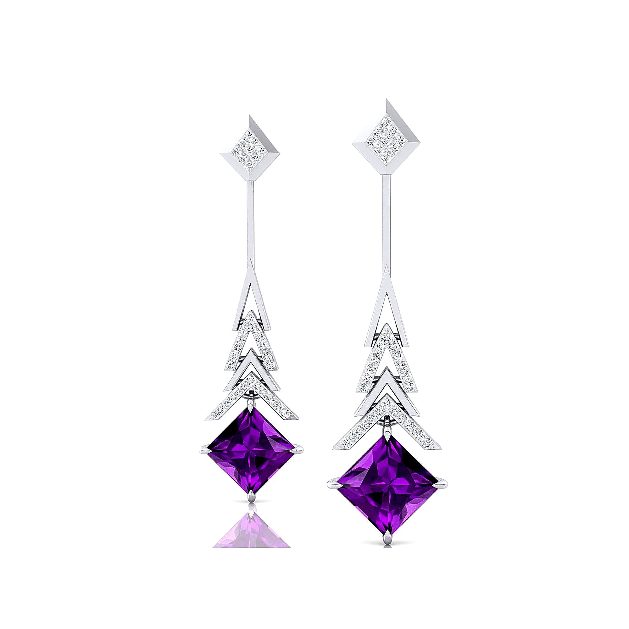 Inverted Princess Cut Amethyst Drop Earrings with Diamonds - GeumJewels