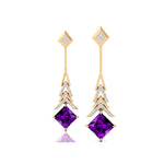 Inverted Princess Cut Amethyst Drop Earrings with Diamonds - GeumJewels