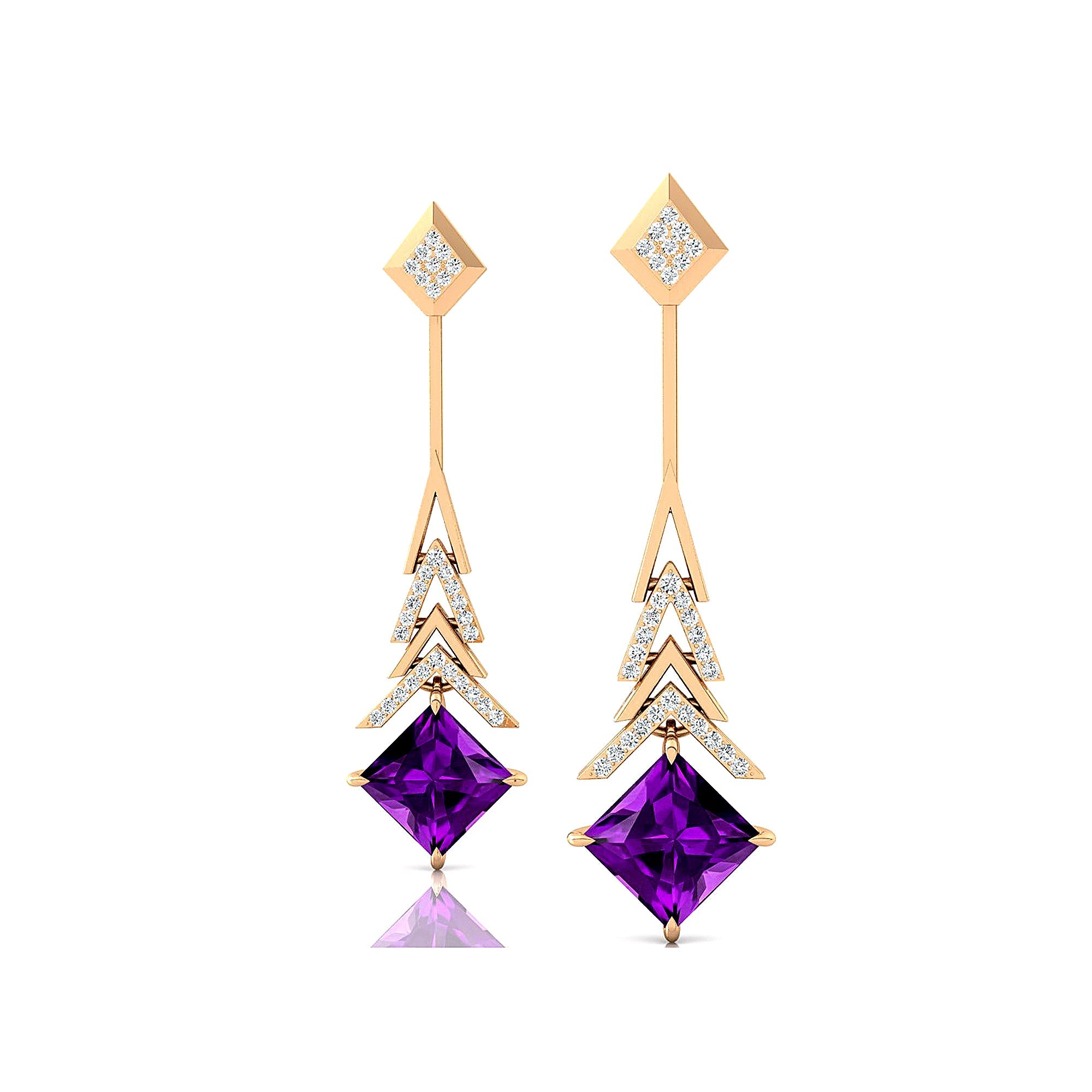 Inverted Princess Cut Amethyst Drop Earrings with Diamonds - GeumJewels