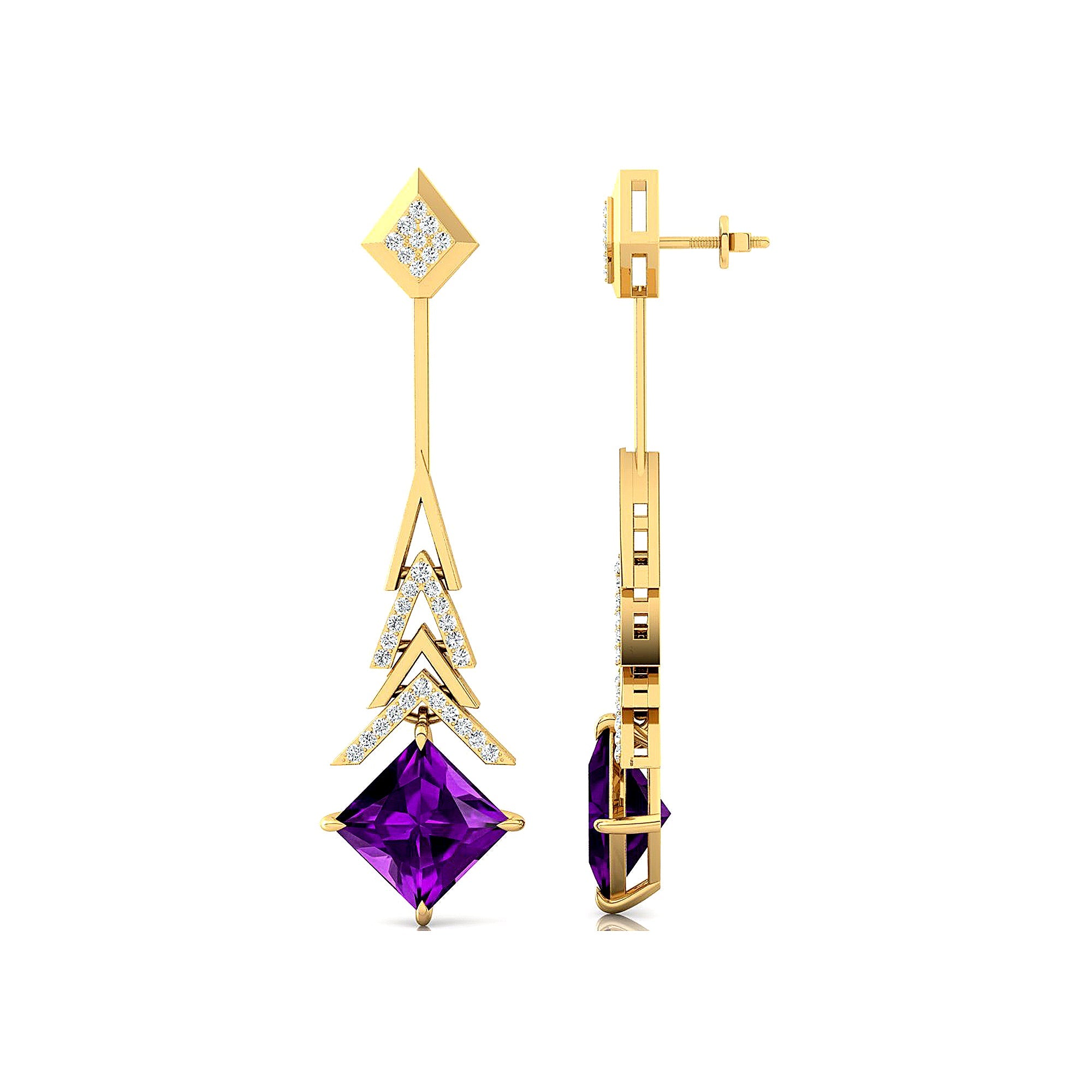 Inverted Princess Cut Amethyst Drop Earrings with Diamonds - GeumJewels
