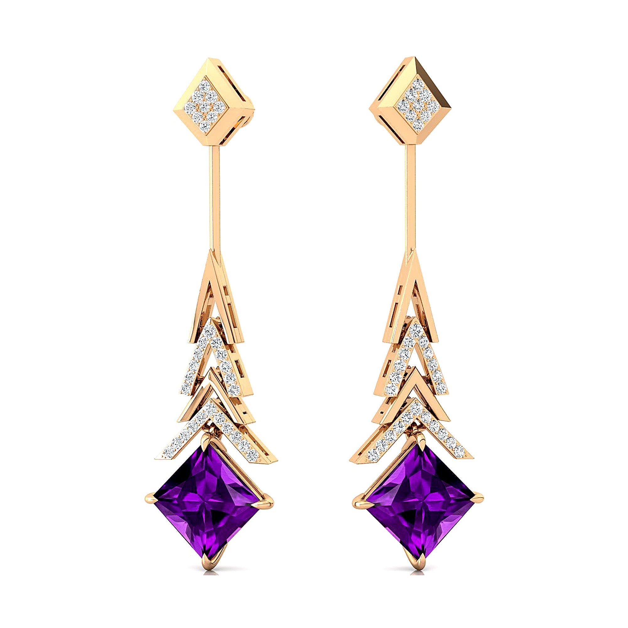 Inverted Princess Cut Amethyst Drop Earrings with Diamonds - GeumJewels