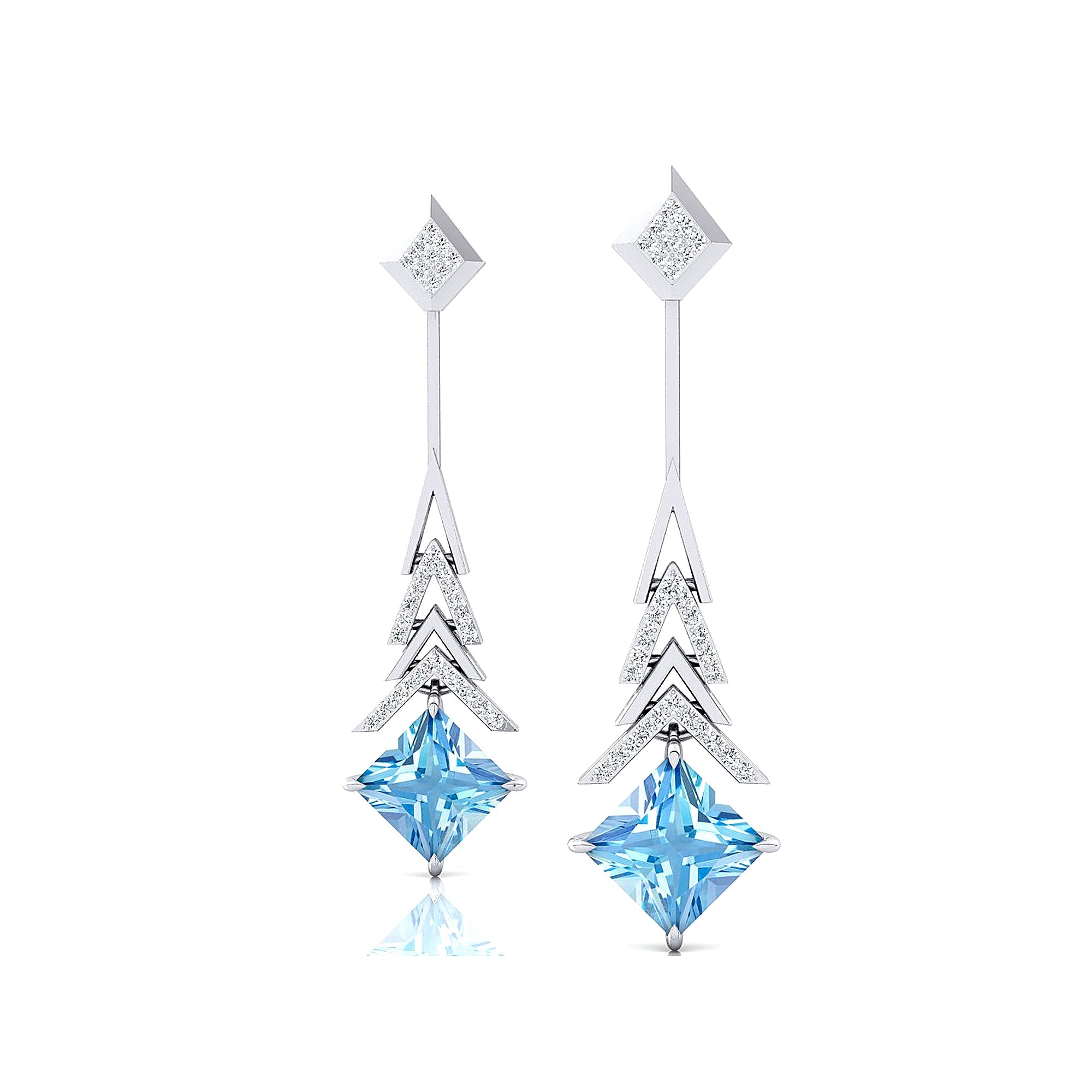 Inverted Princess Cut Aquamarine Drop Earrings with Diamonds - GeumJewels