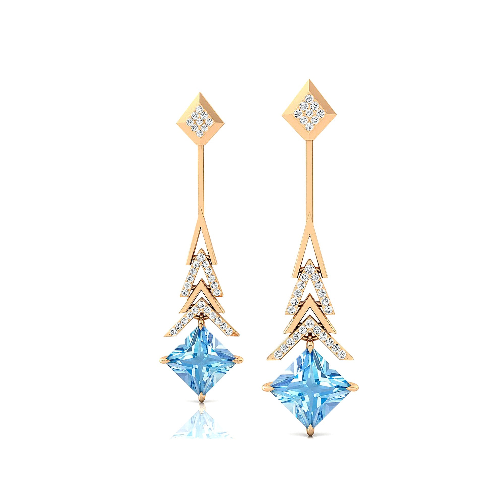 Inverted Princess Cut Aquamarine Drop Earrings with Diamonds - GeumJewels