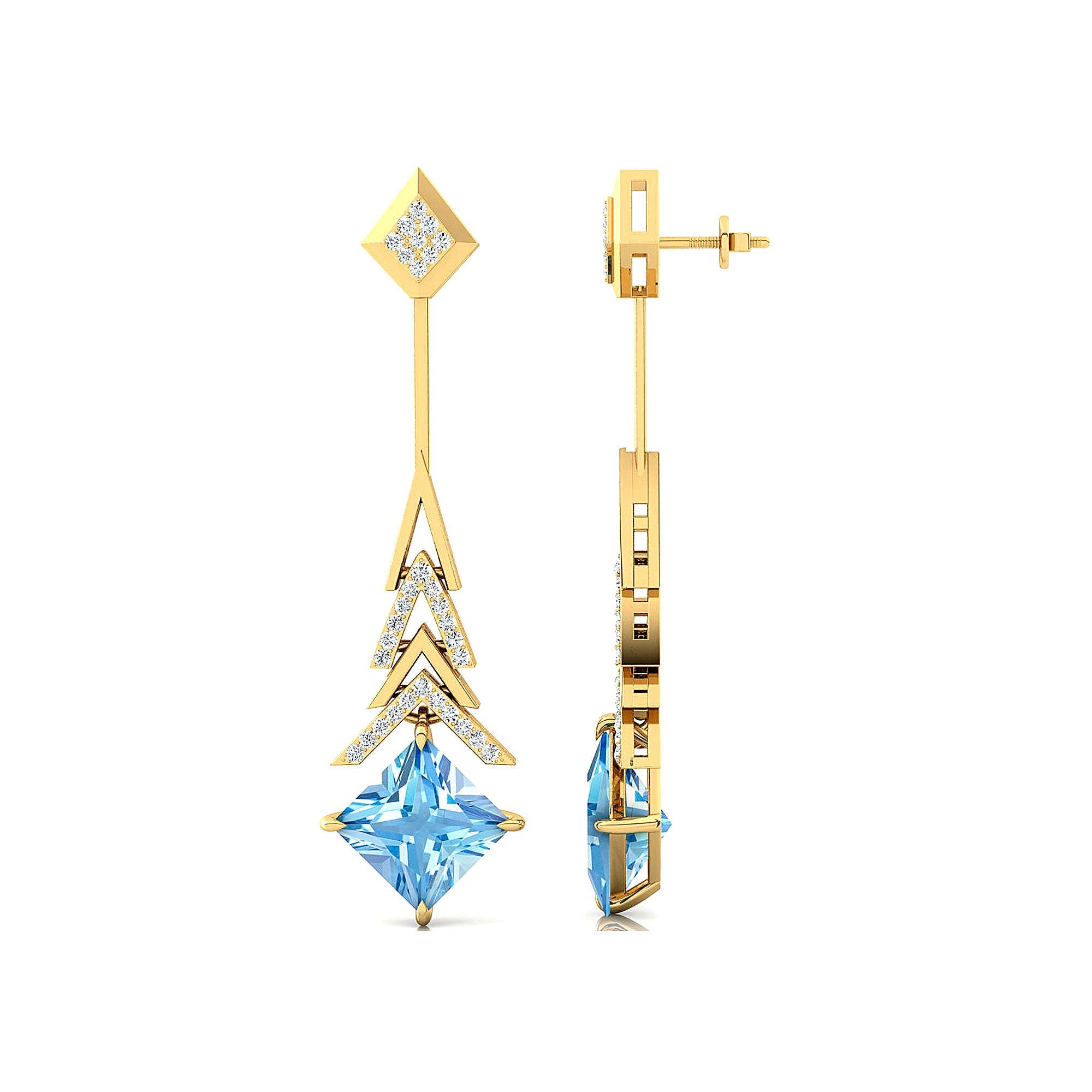 Inverted Princess Cut Aquamarine Drop Earrings with Diamonds - GeumJewels