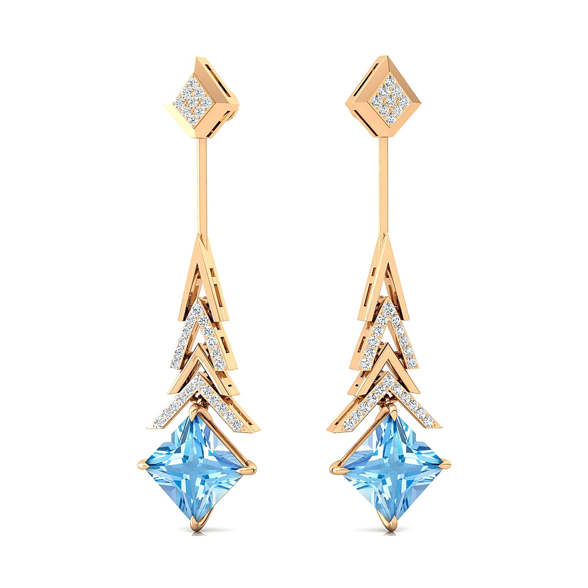 Inverted Princess Cut Aquamarine Drop Earrings with Diamonds - GeumJewels