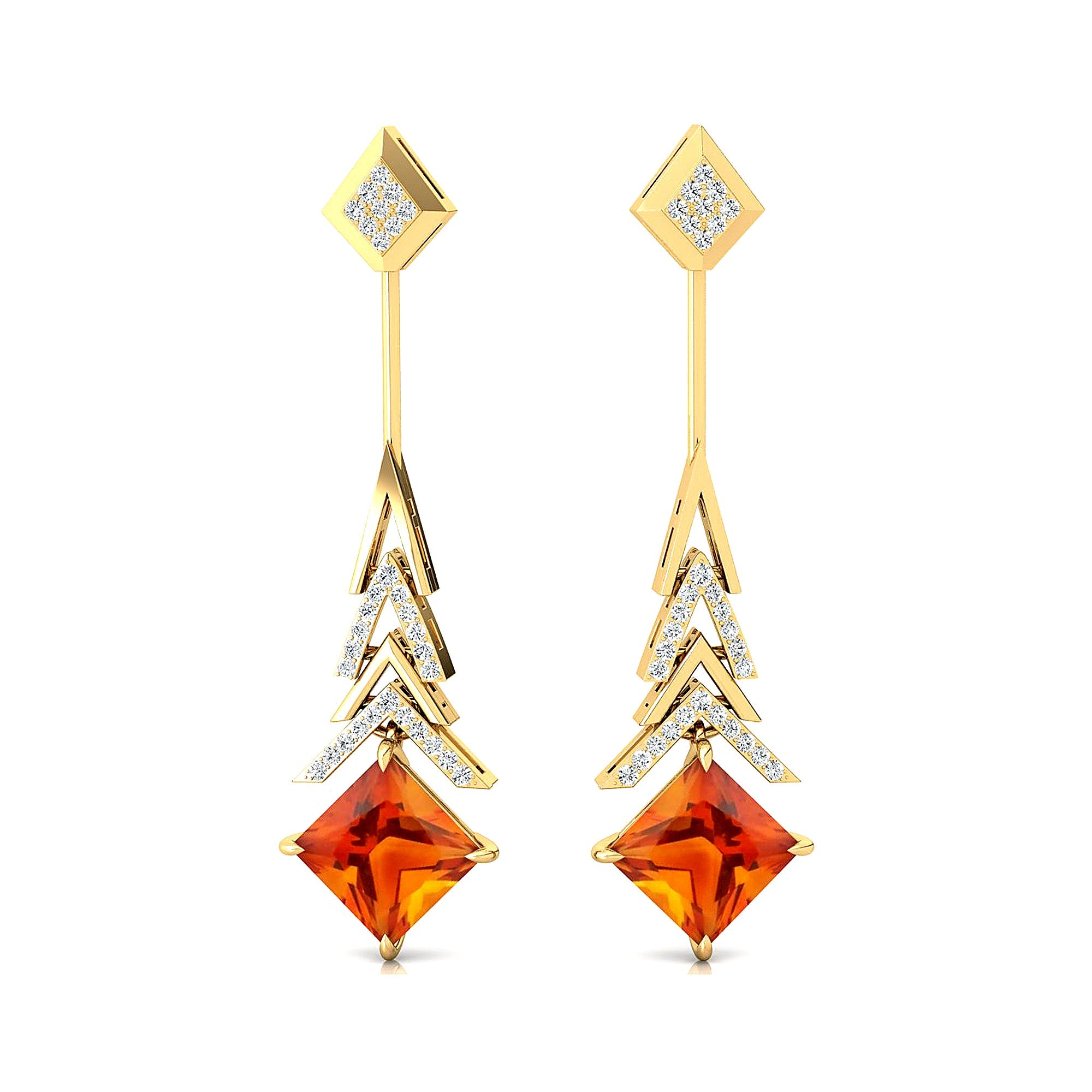 Inverted Princess Cut Citrine Drop Earrings with Diamonds - GeumJewels