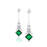 Inverted Princess Cut Emerald Drop Earrings with Diamonds - GeumJewels