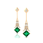 Inverted Princess Cut Emerald Drop Earrings with Diamonds - GeumJewels