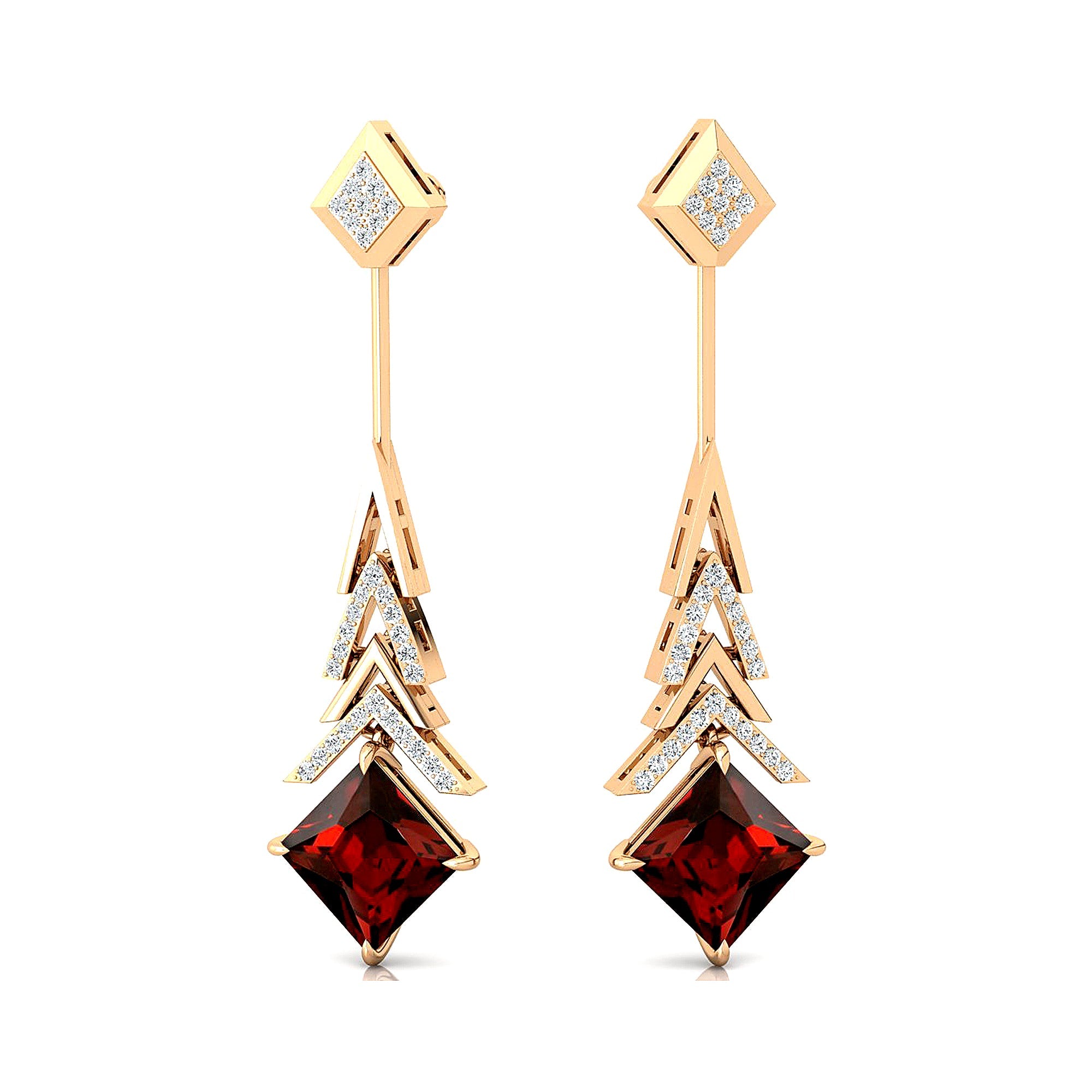 Inverted Princess Cut Garnet Drop Earrings with Diamonds - GeumJewels