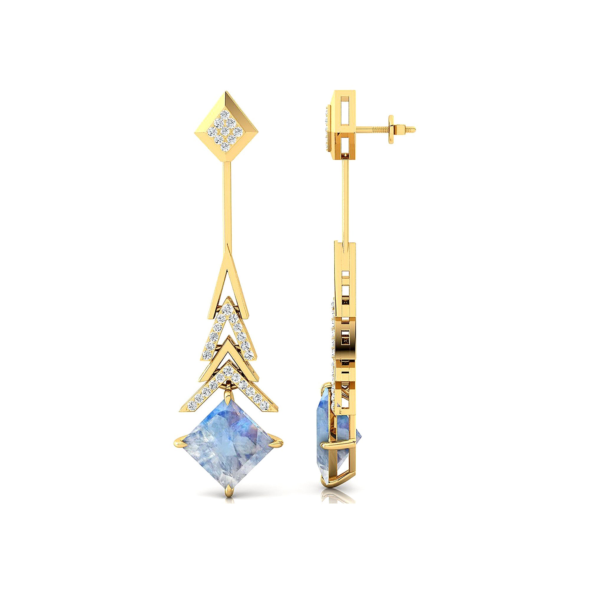 Inverted Princess Cut Moonstone Drop Earrings with Diamonds - GeumJewels