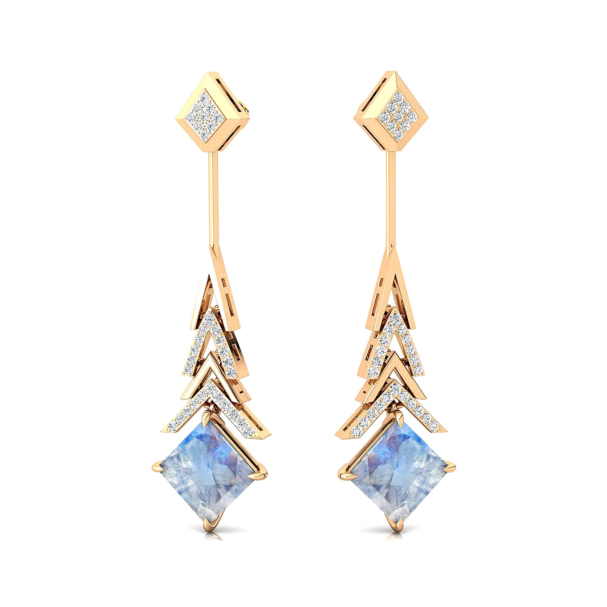 Inverted Princess Cut Moonstone Drop Earrings with Diamonds - GeumJewels