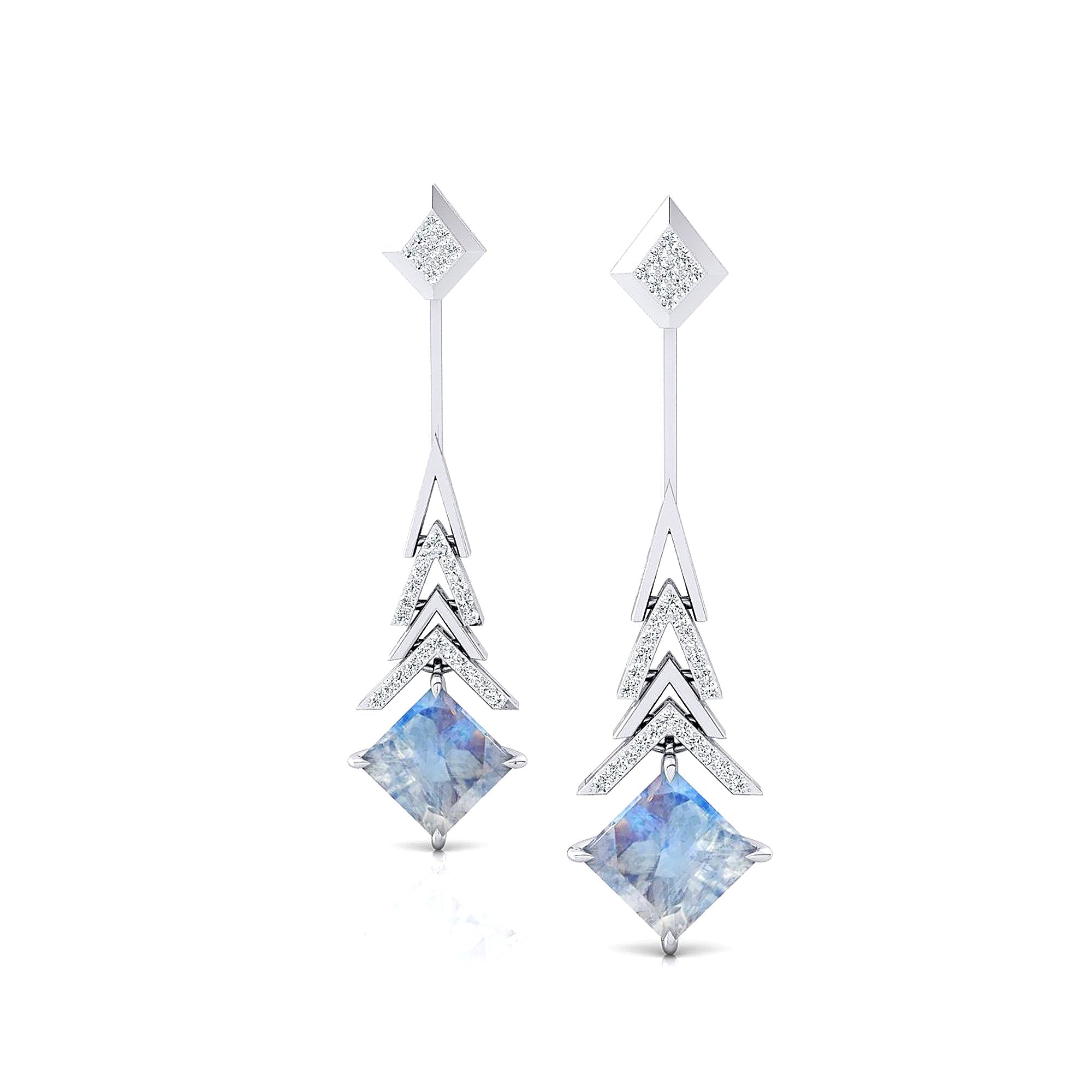 Inverted Princess Cut Moonstone Drop Earrings with Diamonds - GeumJewels