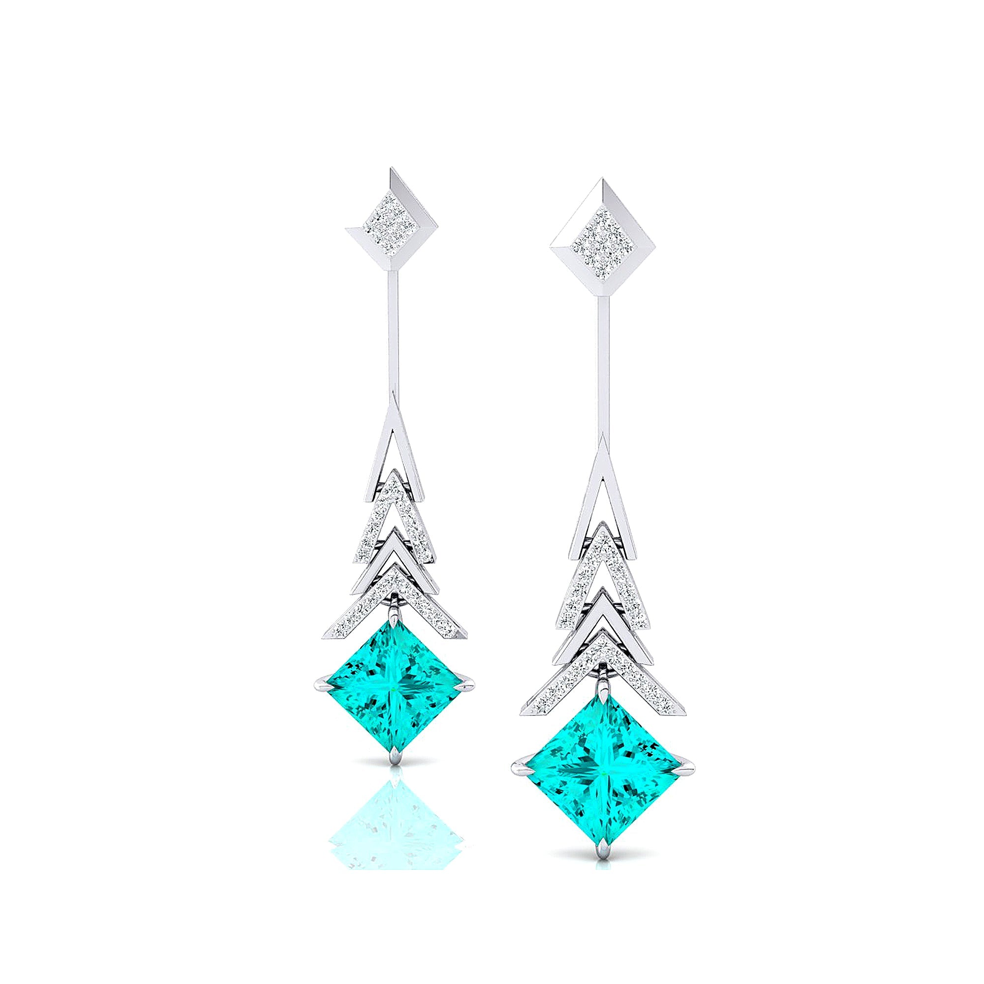 Inverted Princess Cut Paraiba Tourmaline Drop Earrings with Diamonds - GeumJewels