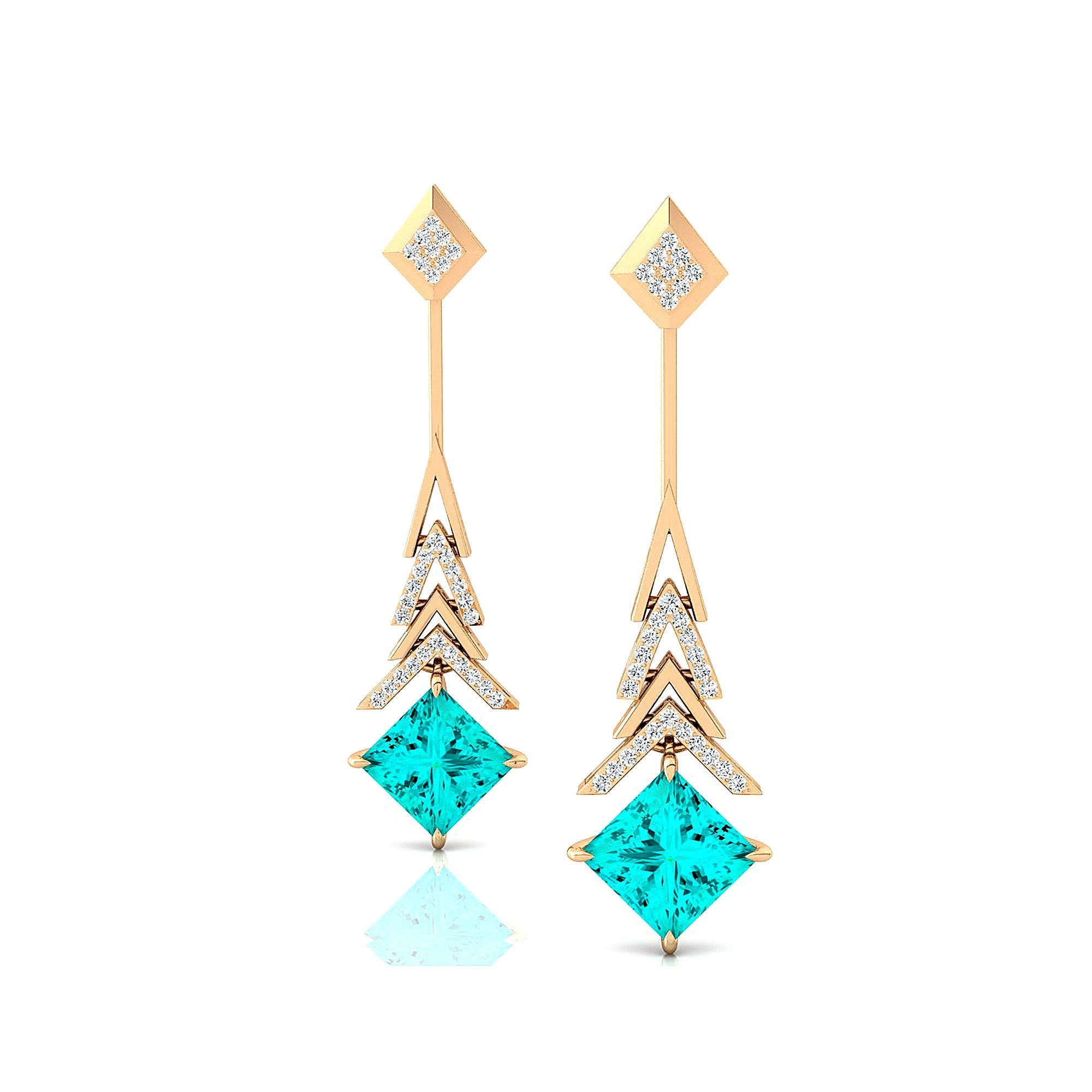 Inverted Princess Cut Paraiba Tourmaline Drop Earrings with Diamonds - GeumJewels