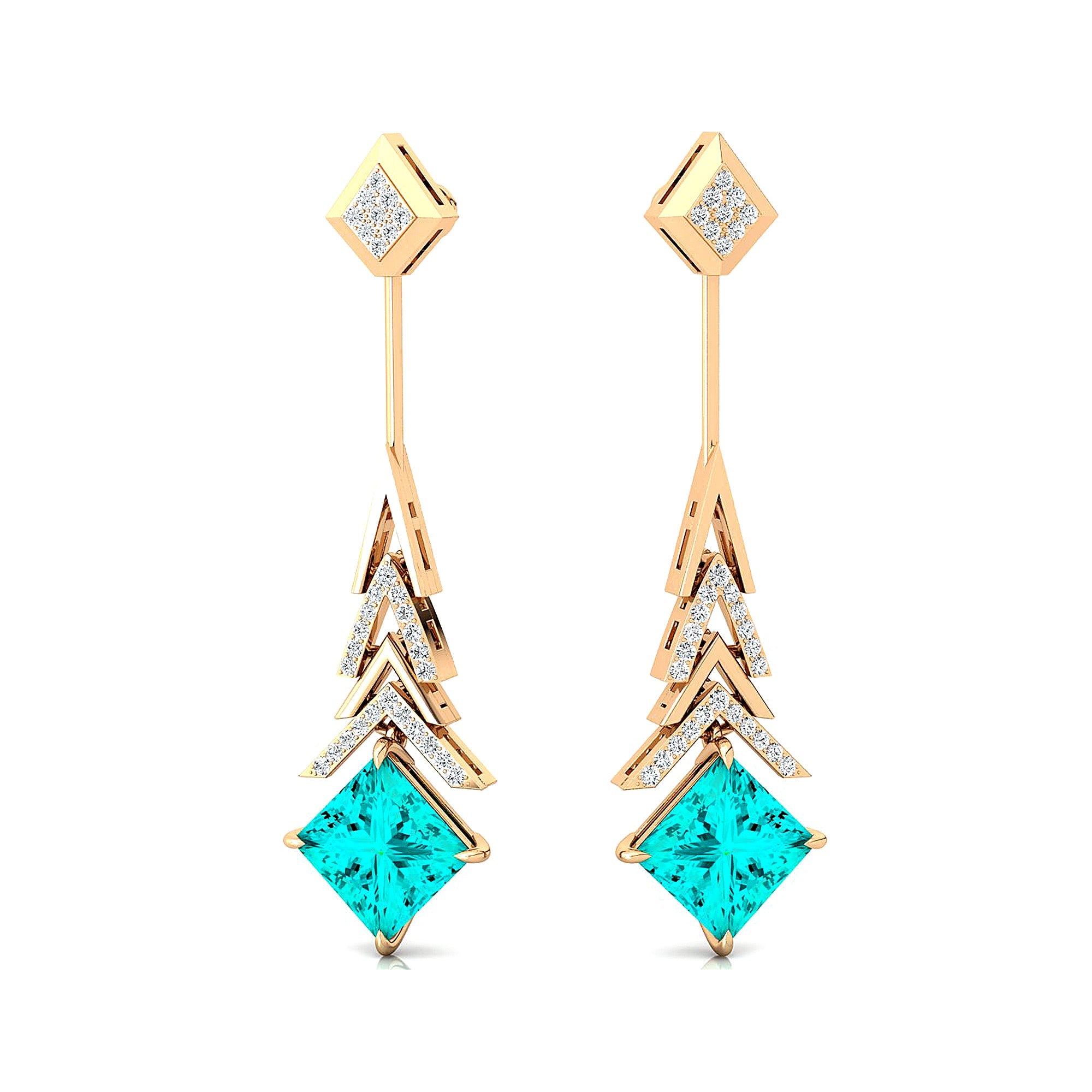 Inverted Princess Cut Paraiba Tourmaline Drop Earrings with Diamonds - GeumJewels