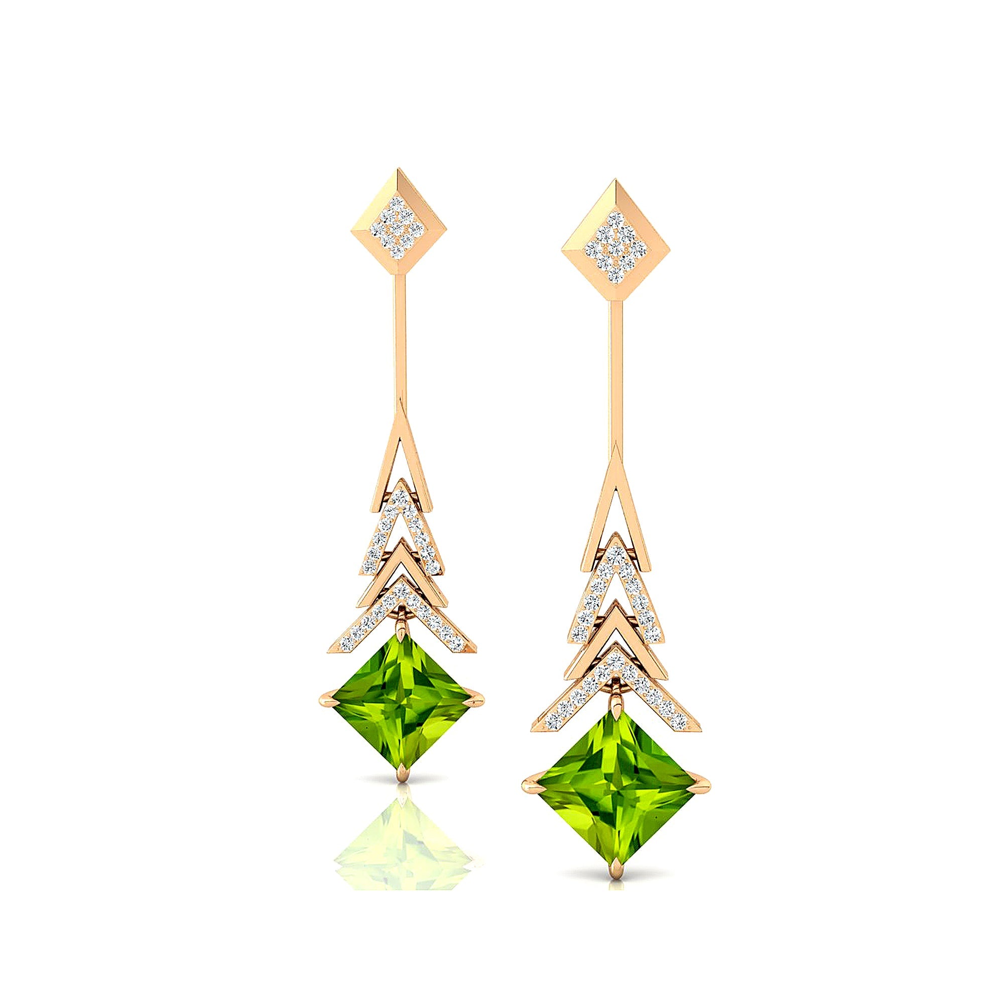 Inverted Princess Cut Peridot Drop Earrings with Diamonds - GeumJewels