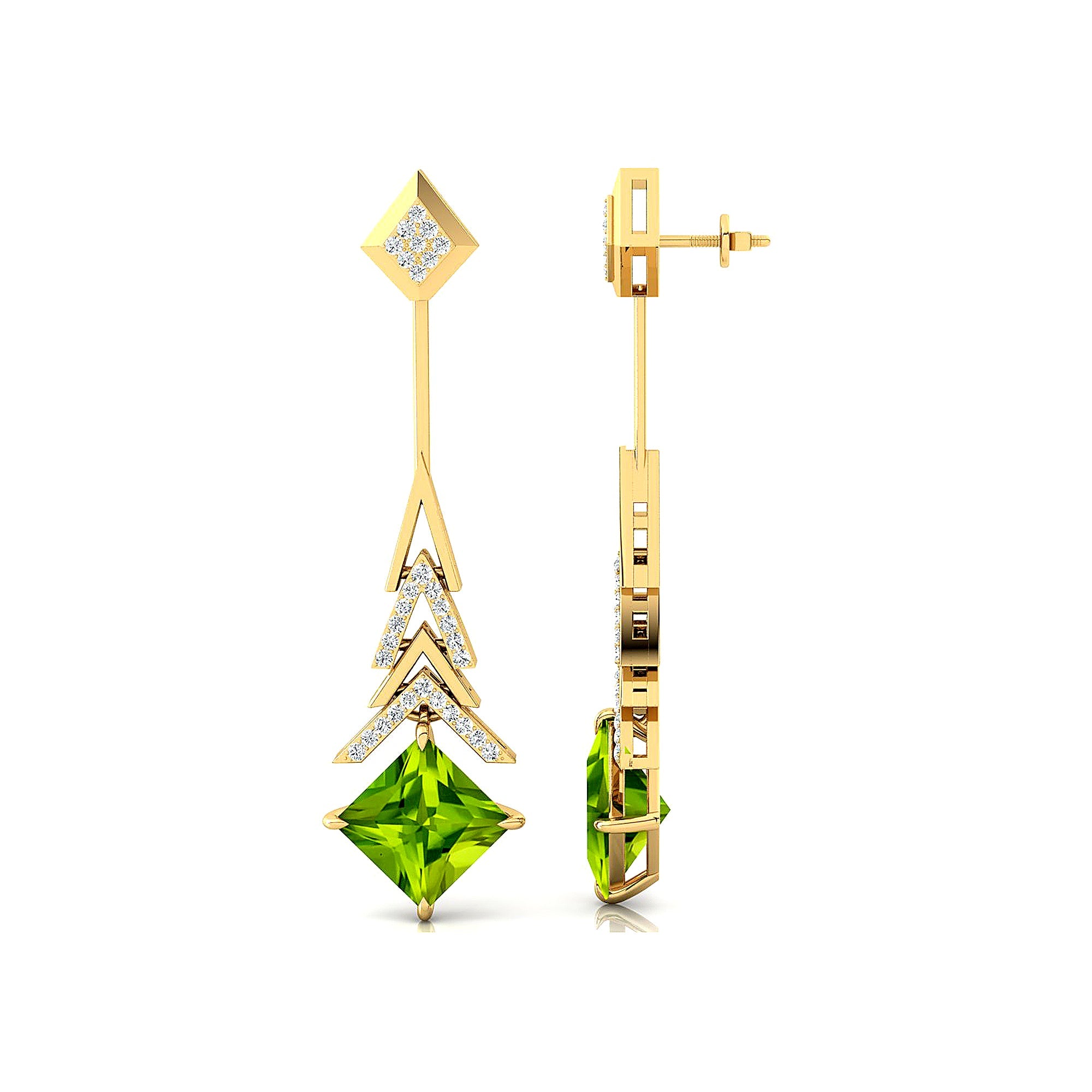Inverted Princess Cut Peridot Drop Earrings with Diamonds - GeumJewels