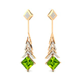 Inverted Princess Cut Peridot Drop Earrings with Diamonds - GeumJewels