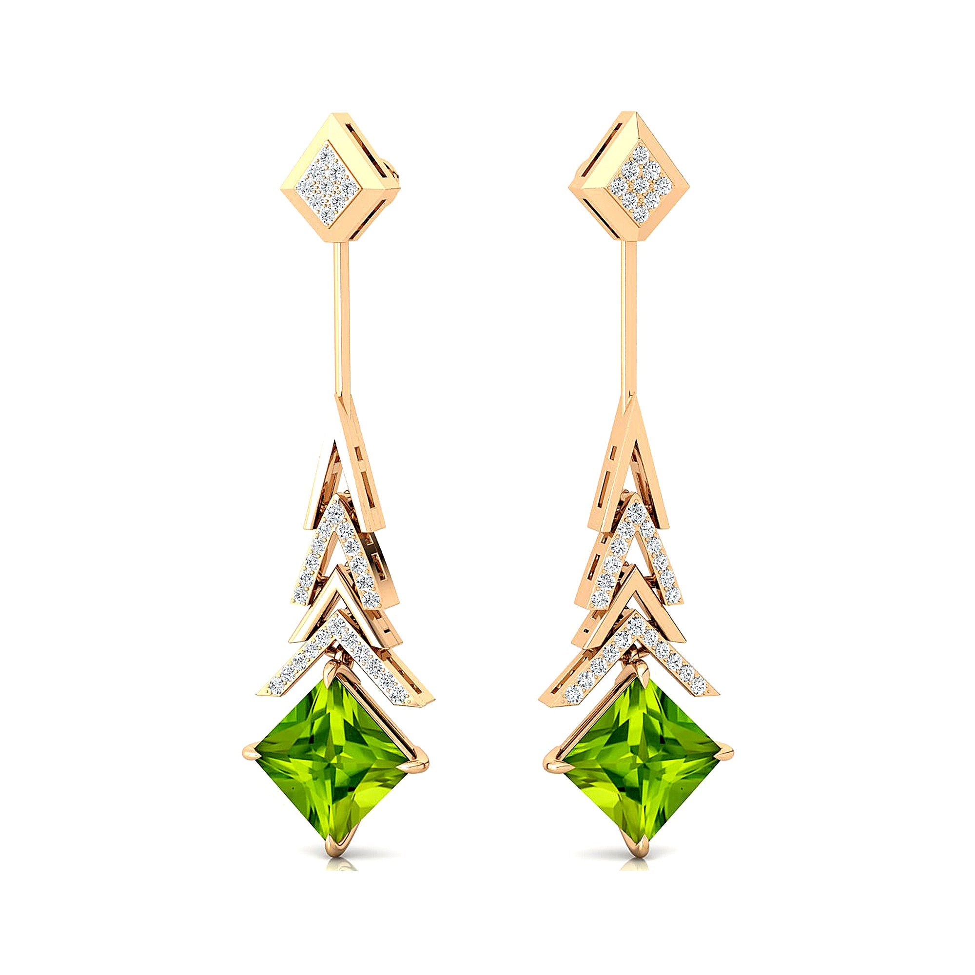 Inverted Princess Cut Peridot Drop Earrings with Diamonds - GeumJewels
