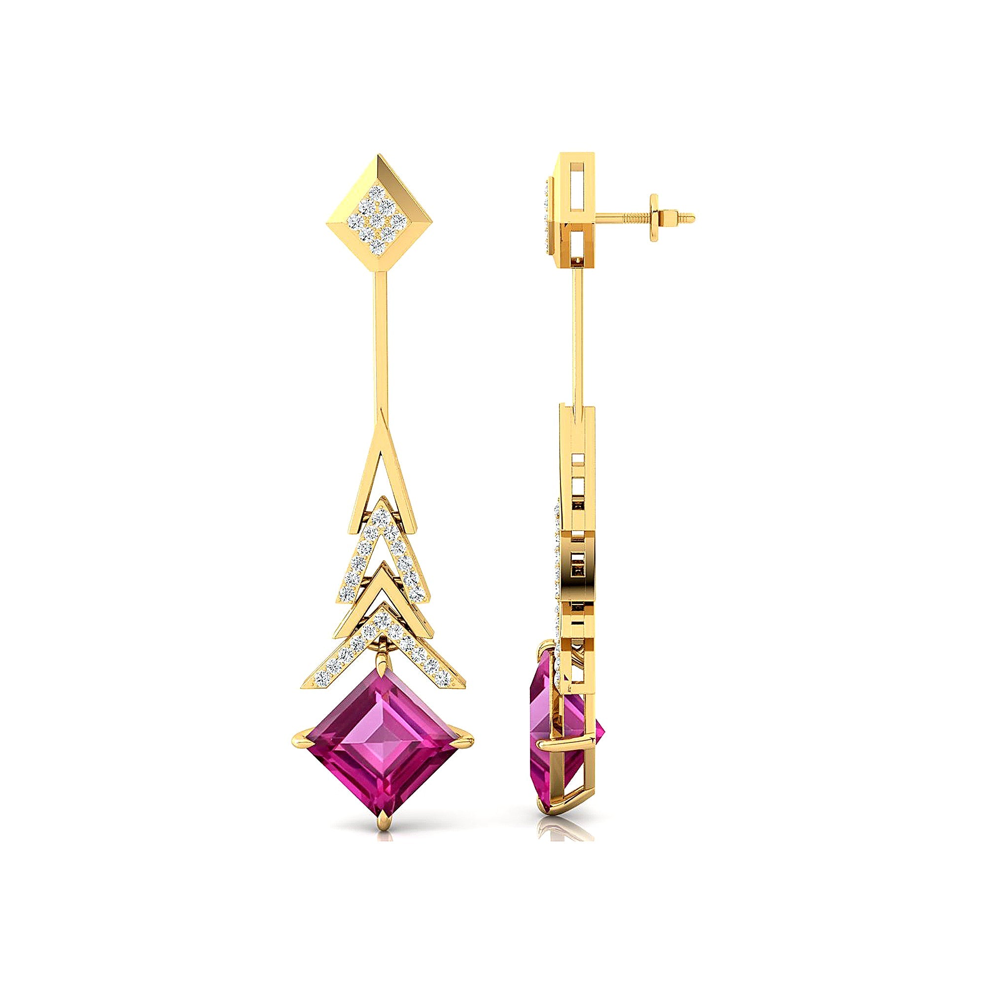 Inverted Princess Cut Pink Sapphire Drop Earrings with Diamonds - GeumJewels