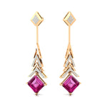 Inverted Princess Cut Pink Sapphire Drop Earrings with Diamonds - GeumJewels
