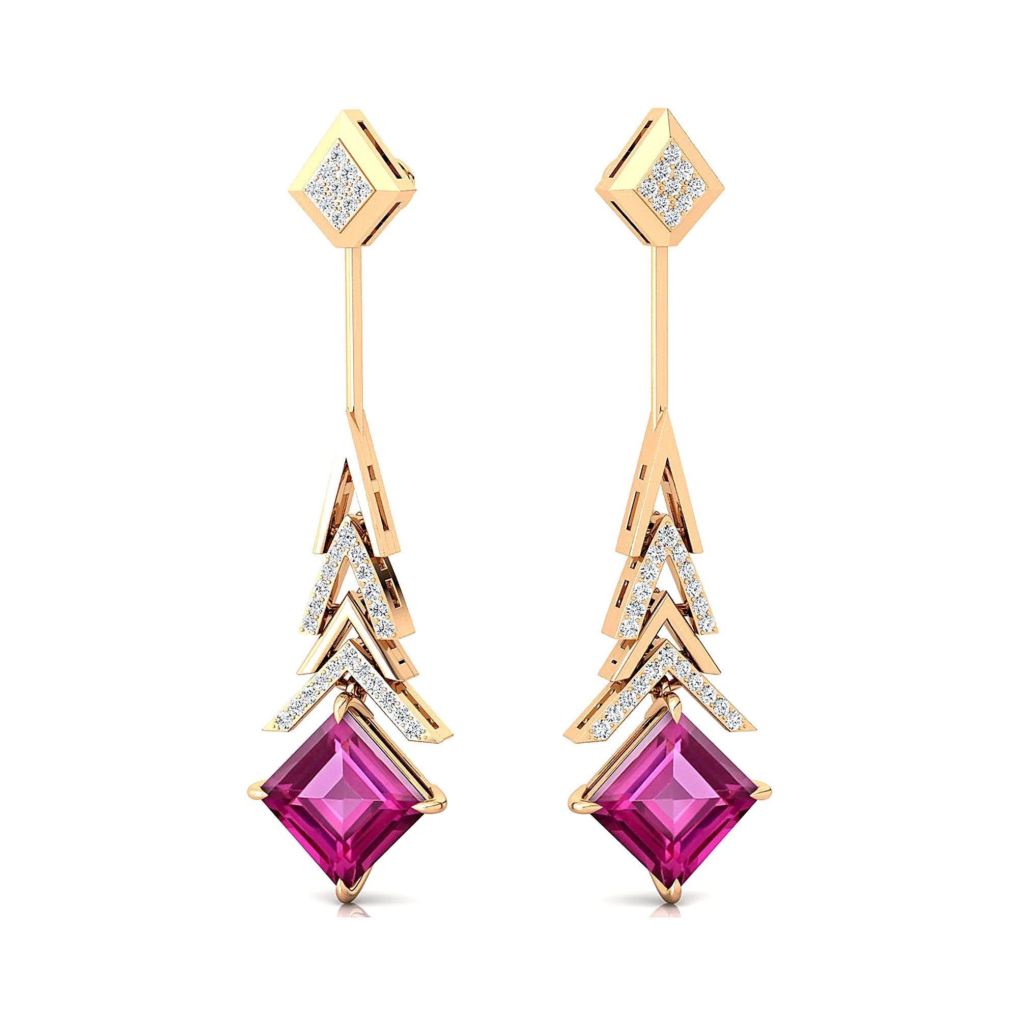 Inverted Princess Cut Pink Sapphire Drop Earrings with Diamonds - GeumJewels