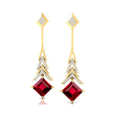 Inverted Princess Cut Ruby Drop Earrings with Diamonds - GeumJewels