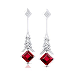 Inverted Princess Cut Ruby Drop Earrings with Diamonds - GeumJewels