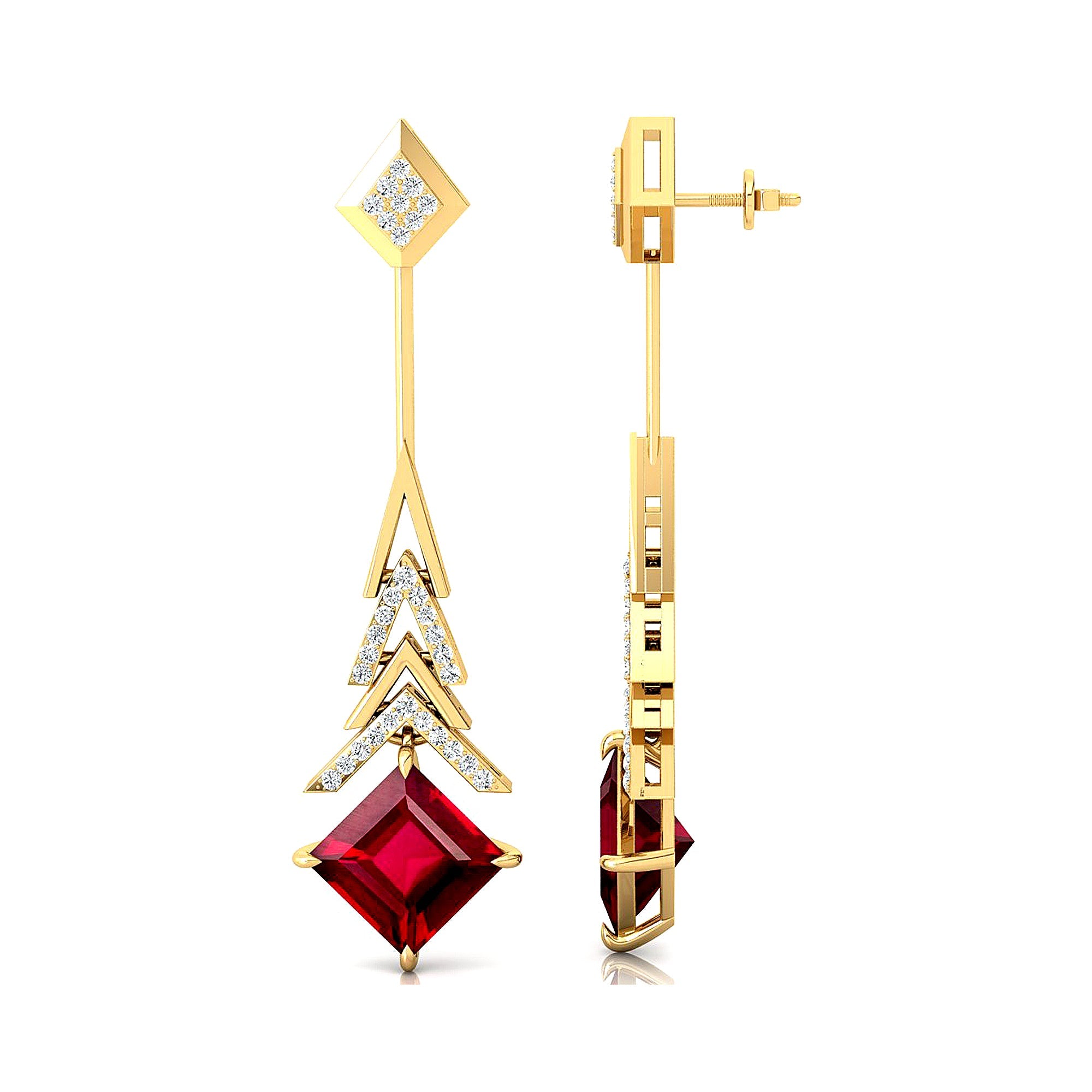 Inverted Princess Cut Ruby Drop Earrings with Diamonds - GeumJewels