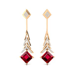 Inverted Princess Cut Ruby Drop Earrings with Diamonds - GeumJewels
