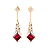 Inverted Princess Cut Ruby Drop Earrings with Diamonds - GeumJewels
