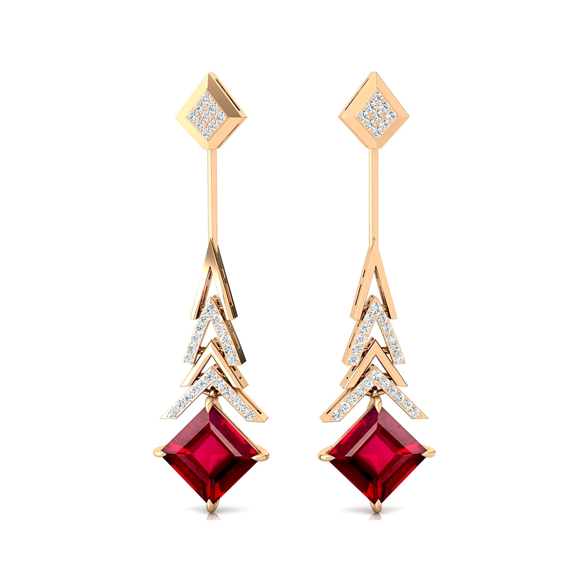 Inverted Princess Cut Ruby Drop Earrings with Diamonds - GeumJewels