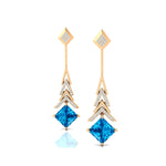 Inverted Princess Cut Swiss Blue Topaz Drop Earrings with Diamonds - GeumJewels
