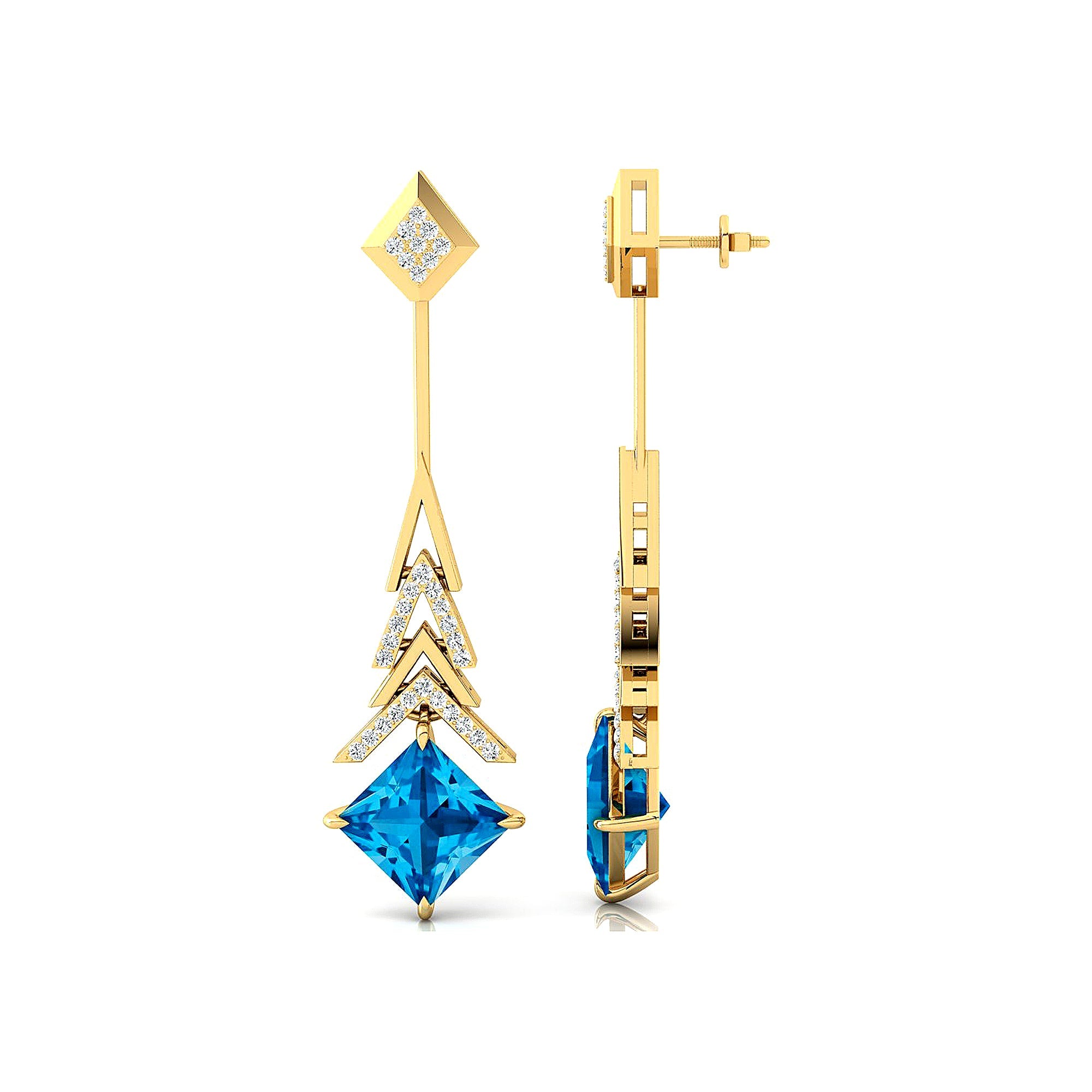 Inverted Princess Cut Swiss Blue Topaz Drop Earrings with Diamonds - GeumJewels