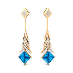 Inverted Princess Cut Swiss Blue Topaz Drop Earrings with Diamonds - GeumJewels
