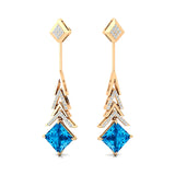 Inverted Princess Cut Swiss Blue Topaz Drop Earrings with Diamonds - GeumJewels
