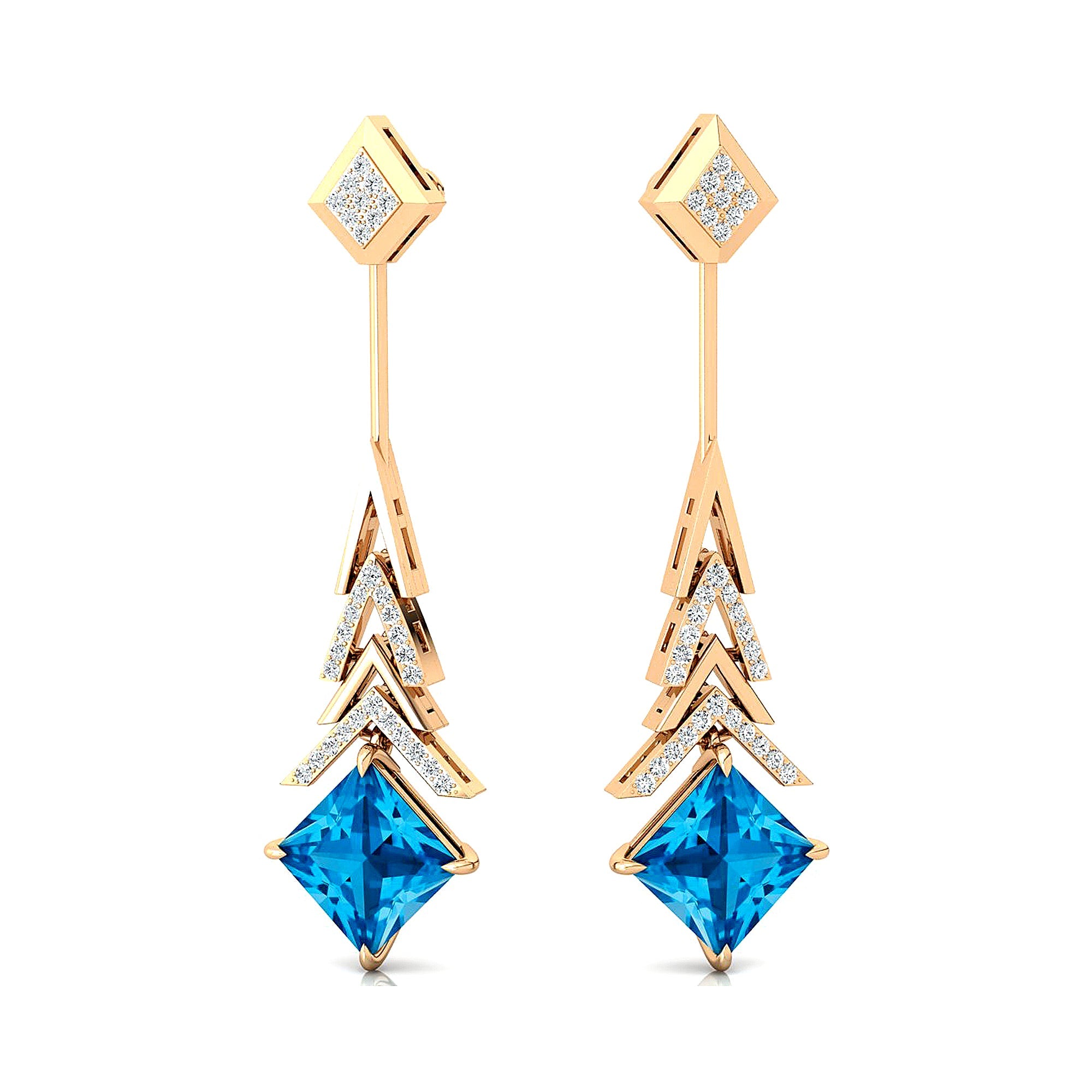 Inverted Princess Cut Swiss Blue Topaz Drop Earrings with Diamonds - GeumJewels