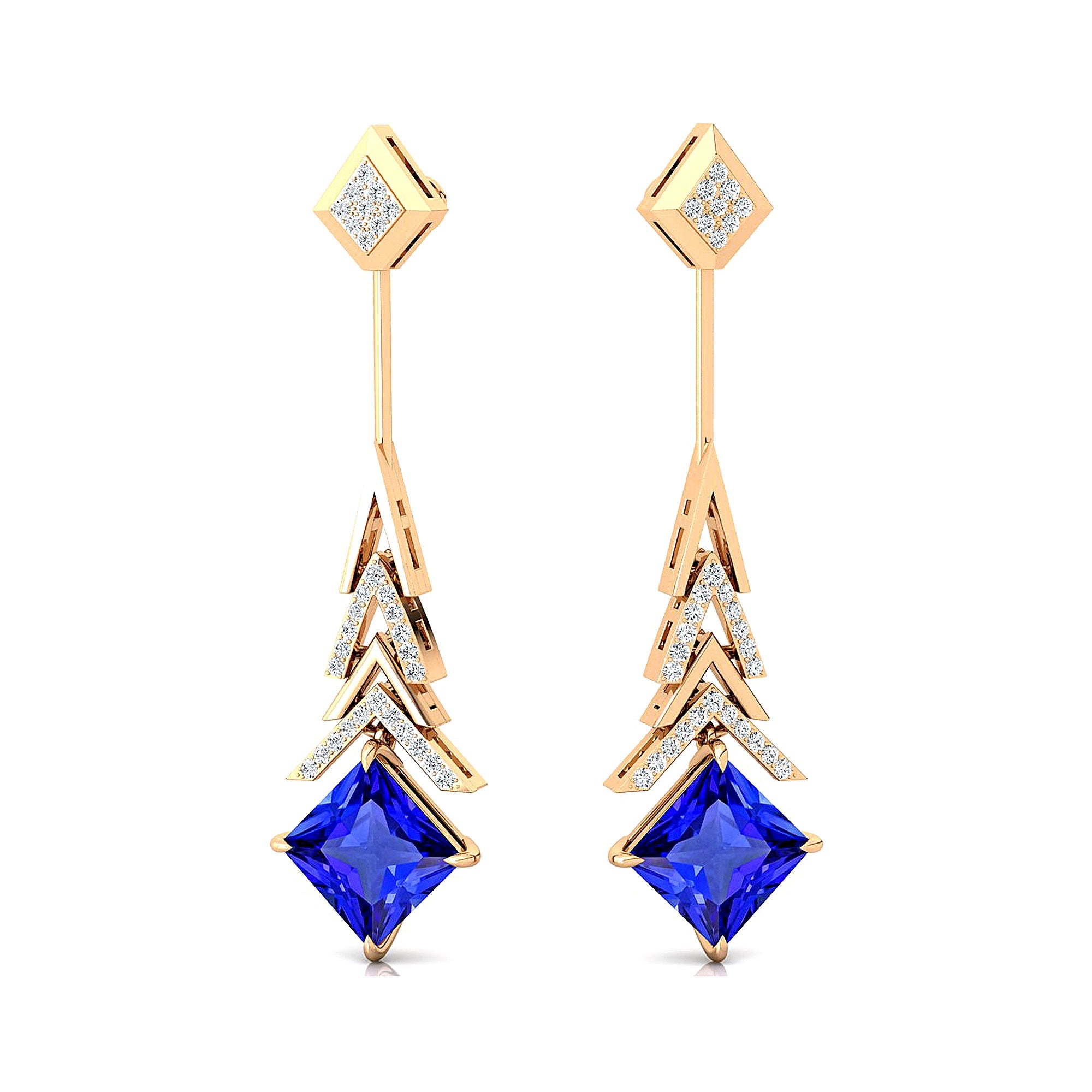 Inverted Princess Cut Tanzanite Drop Earrings with Diamonds - GeumJewels