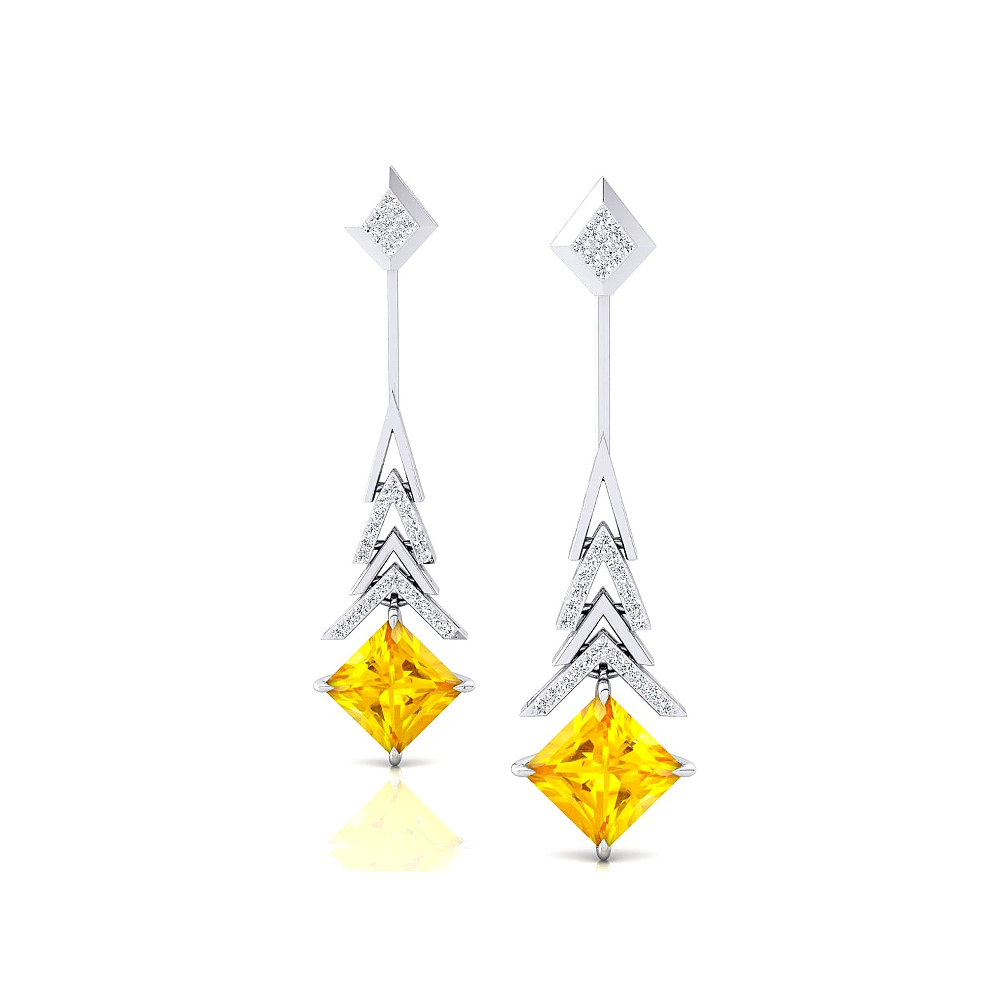 Inverted Princess Cut Yellow Sapphire Drop Earrings with Diamonds - GeumJewels