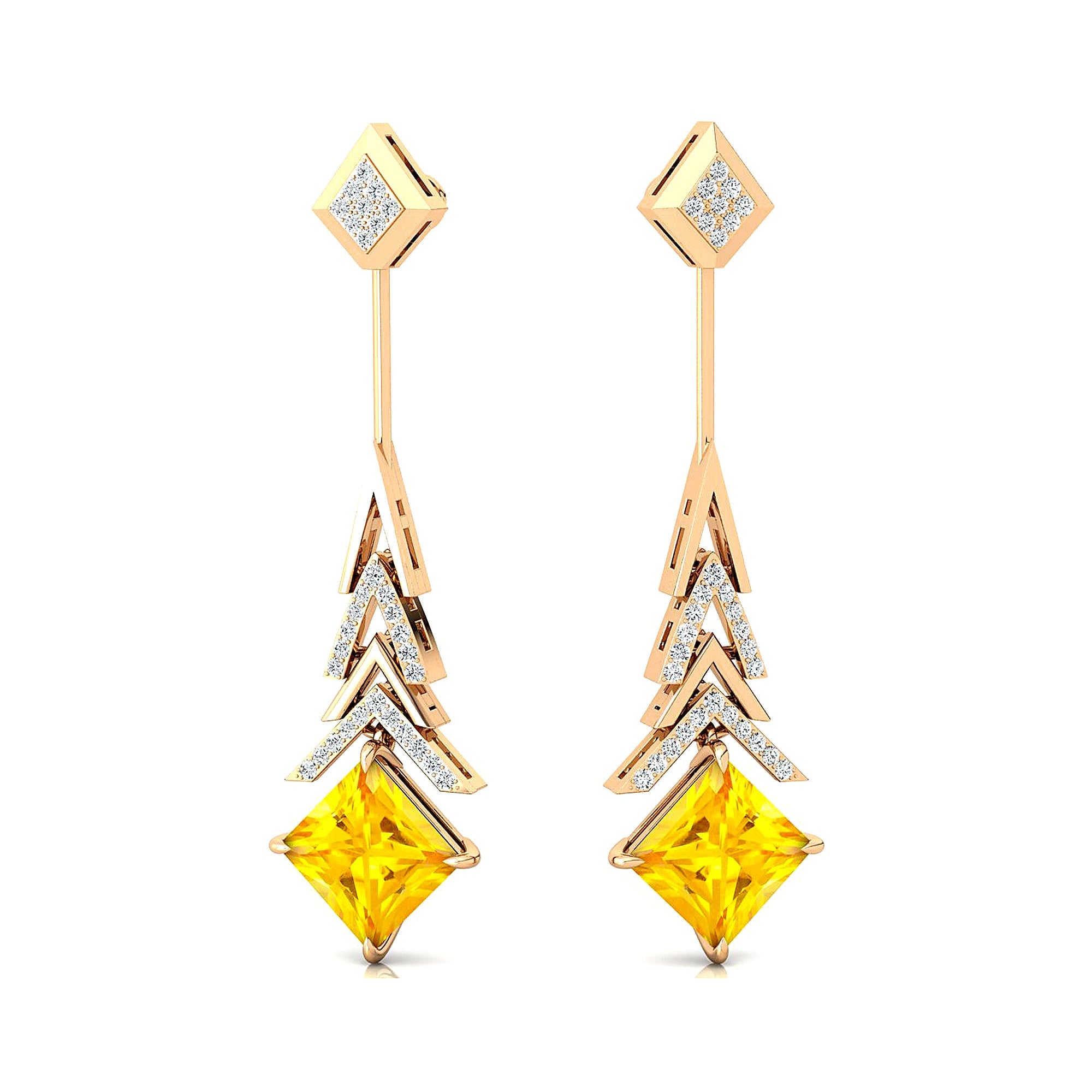 Inverted Princess Cut Yellow Sapphire Drop Earrings with Diamonds - GeumJewels
