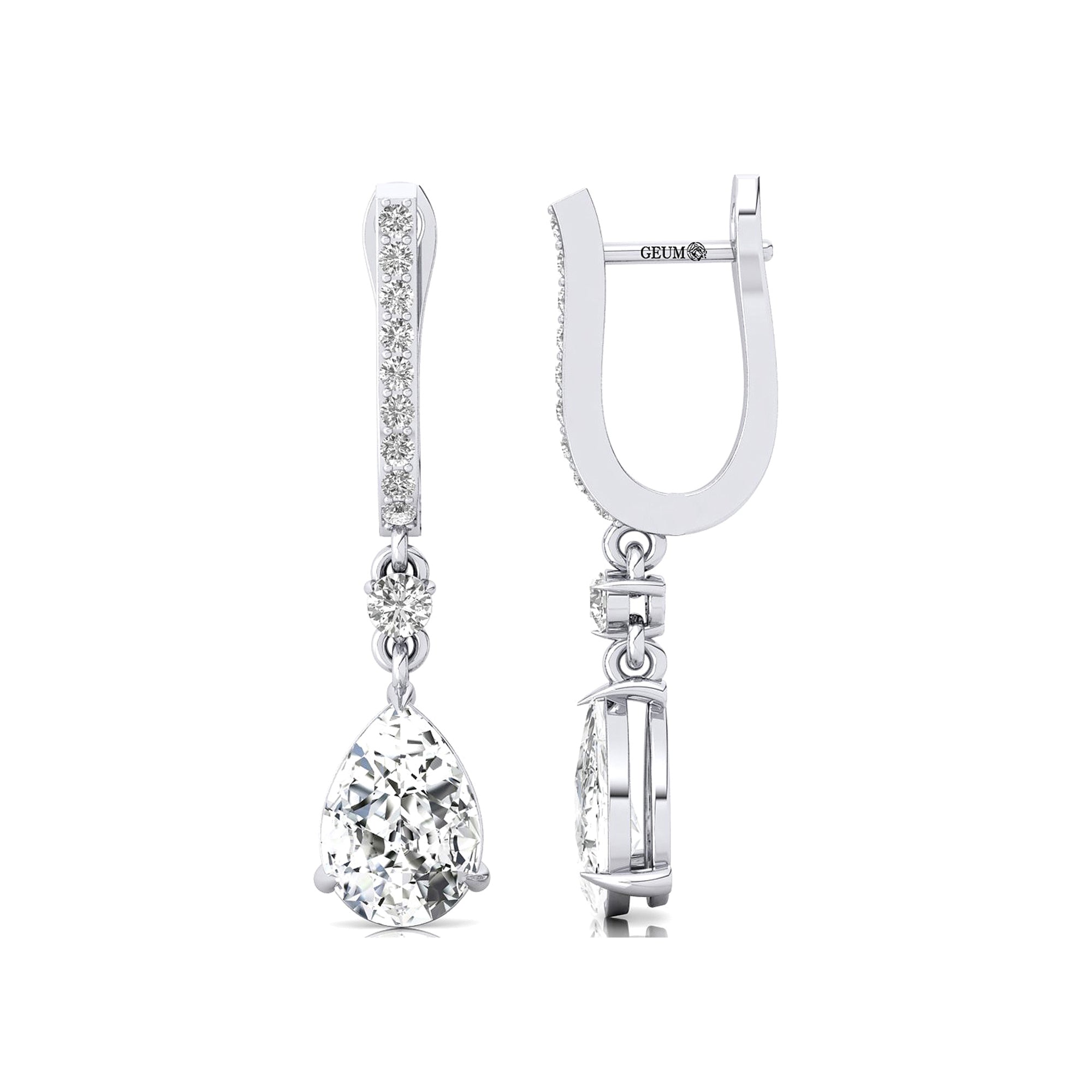 Lever Back Diamond Drop Earrings with Pear Cut Lab Diamond - GeumJewels