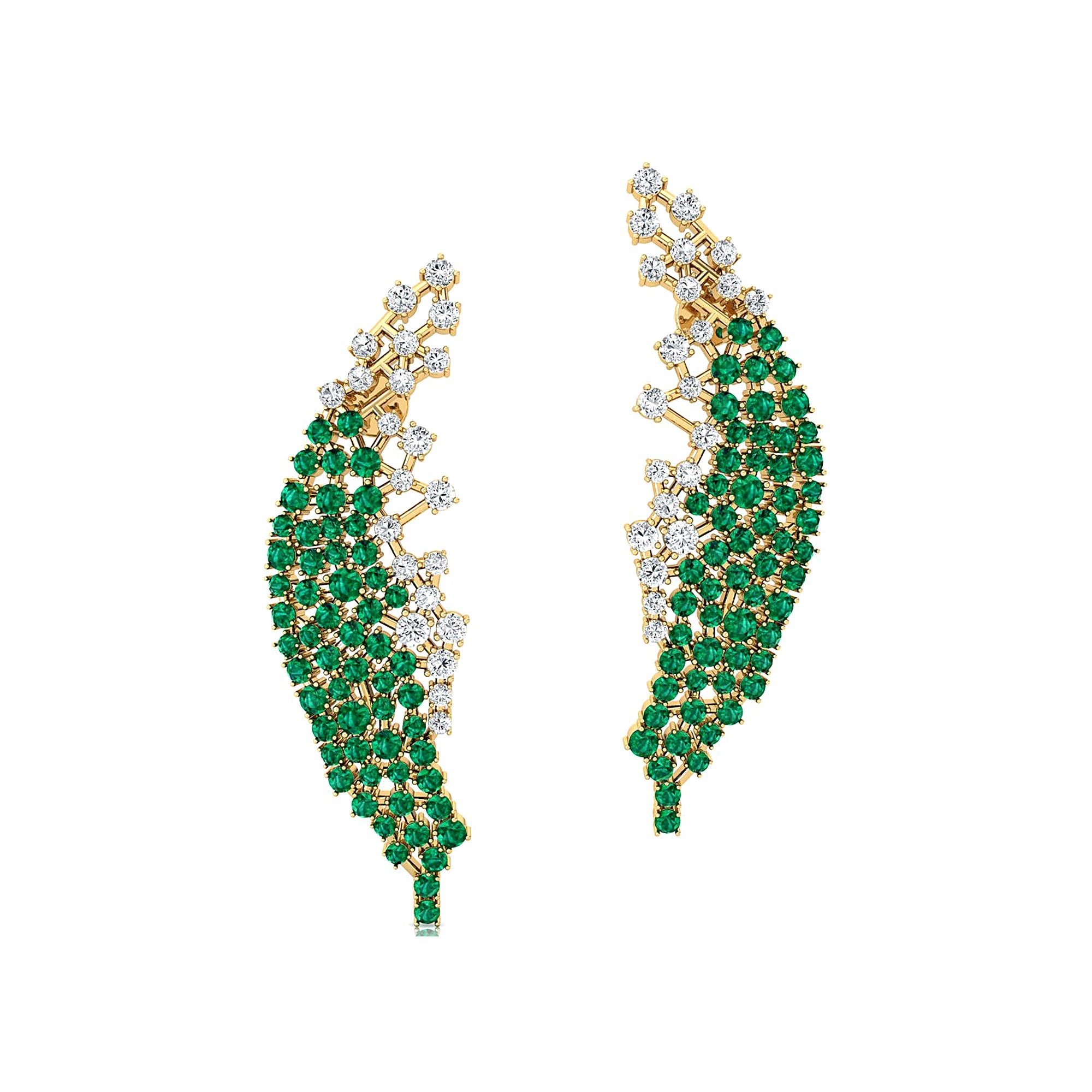 Nature Inspired Feather Shaped Cocktail Emerald Earrings with Diamond Accents - GeumJewels