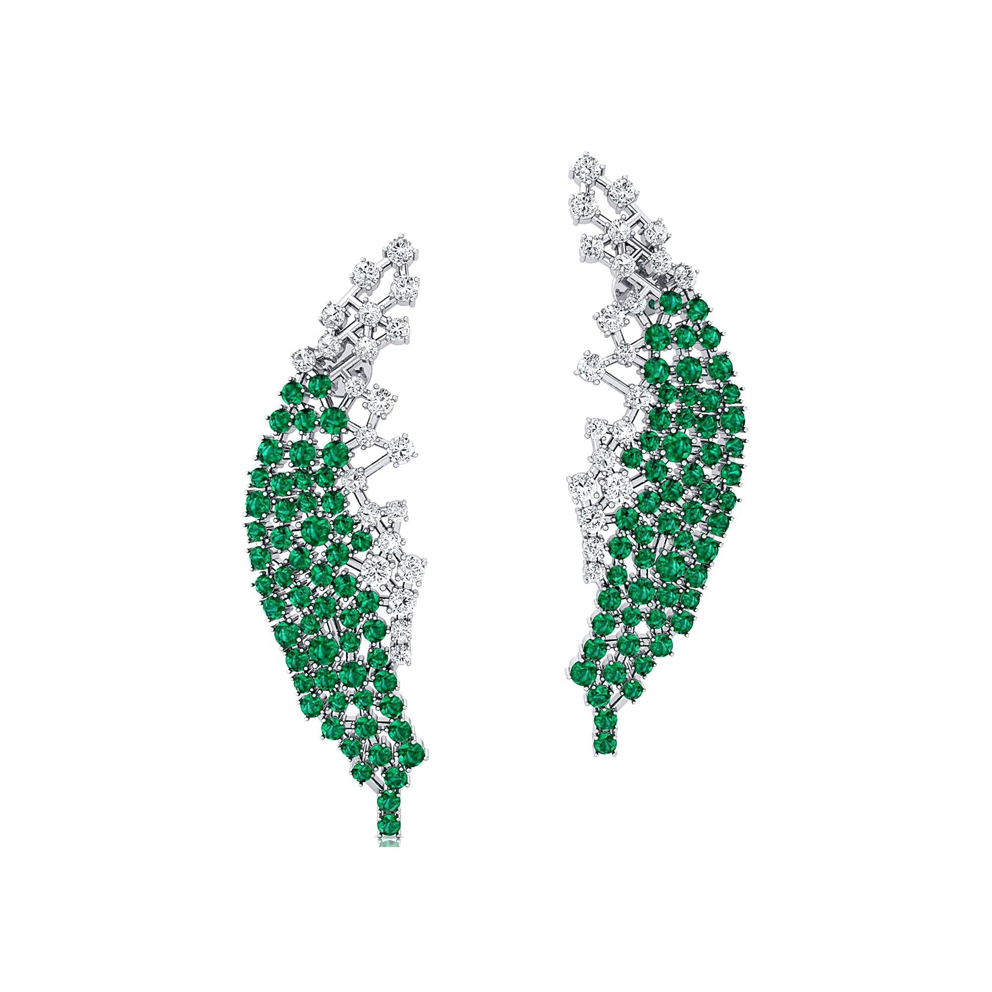 Nature Inspired Feather Shaped Cocktail Emerald Earrings with Diamond Accents - GeumJewels