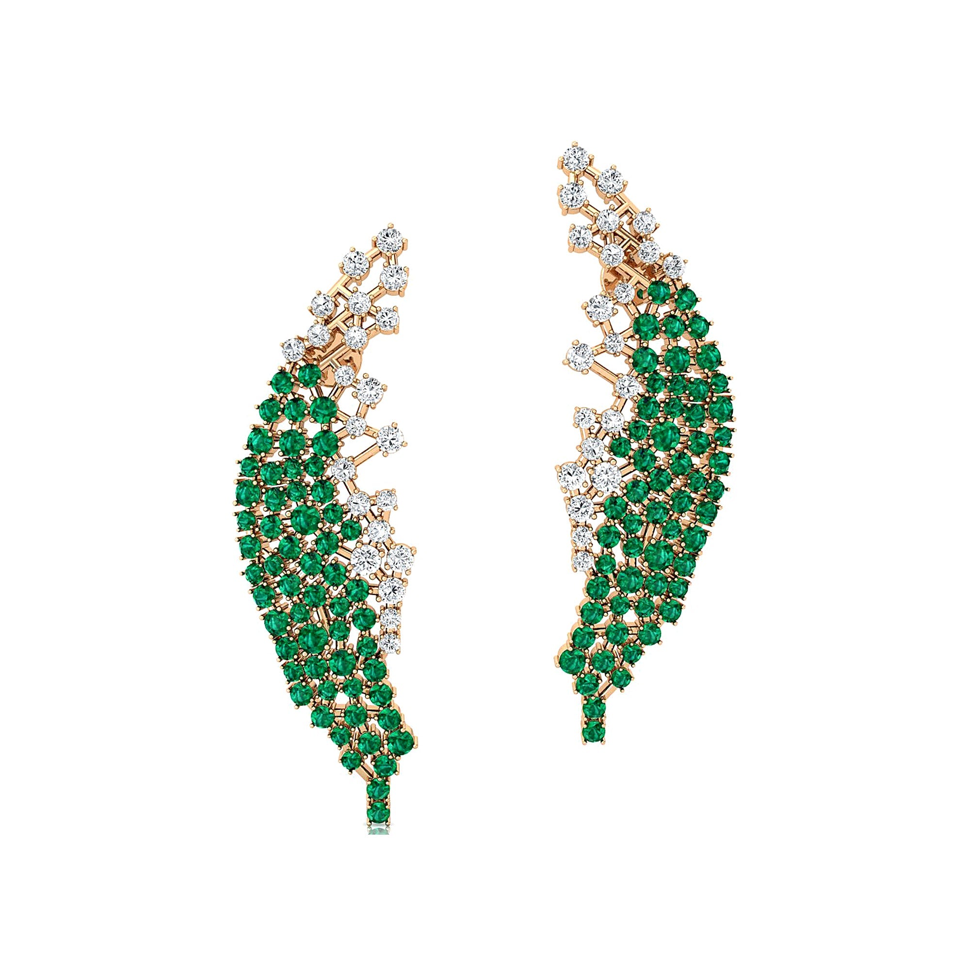 Nature Inspired Feather Shaped Cocktail Emerald Earrings with Diamond Accents - GeumJewels