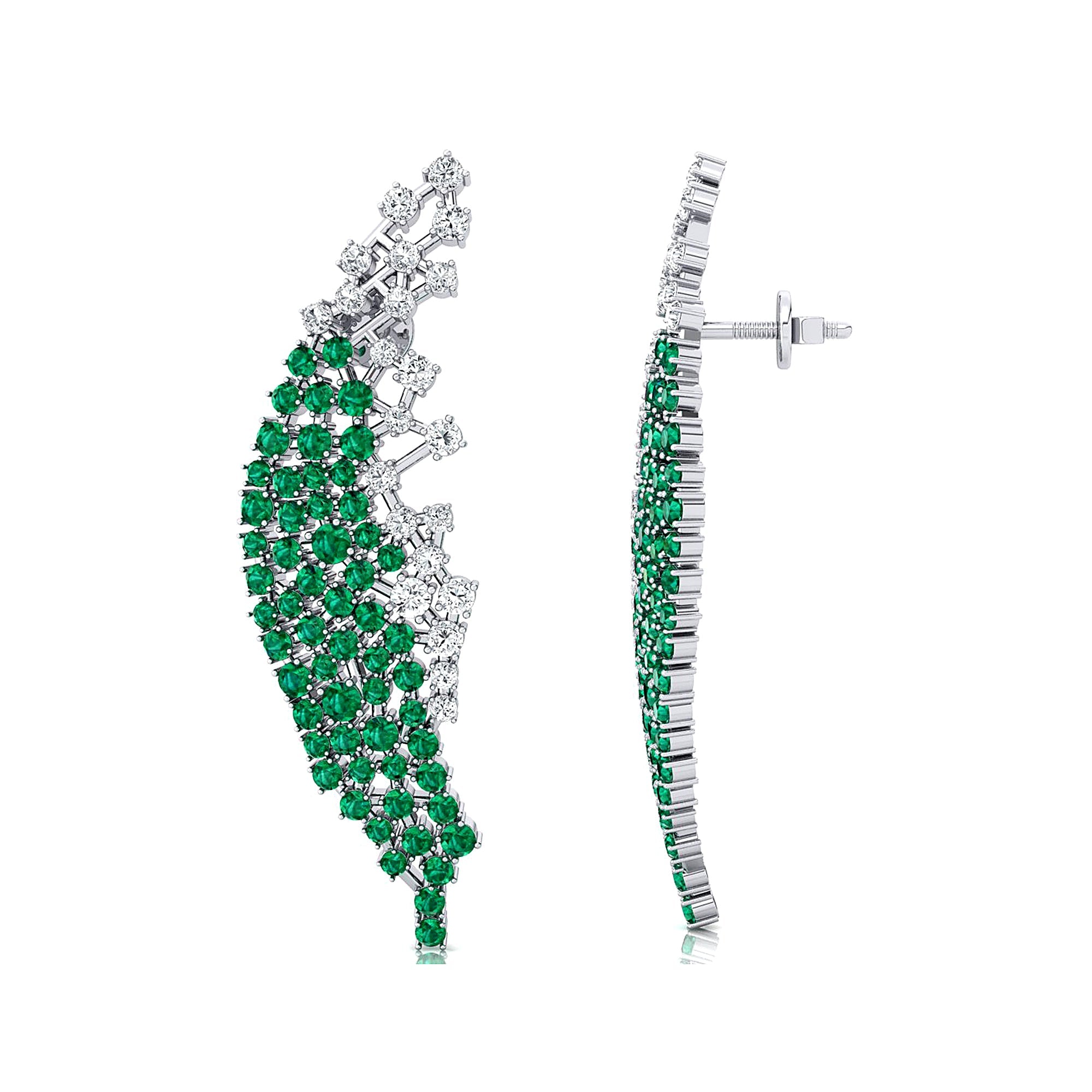 Nature Inspired Feather Shaped Cocktail Emerald Earrings with Diamond Accents - GeumJewels